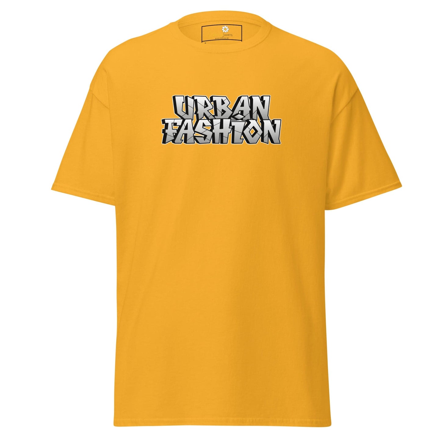 Yellow T-shirt featuring Urban Fashion text, suitable for men and women, available in S to XL sizes