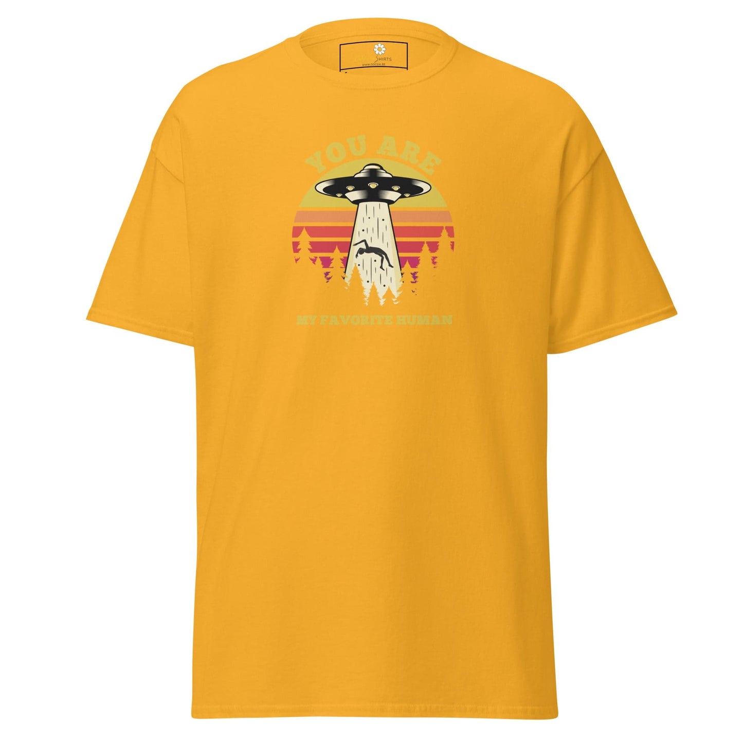 Yellow T-shirt with UFO abduction graphic for men and women in size S to XL