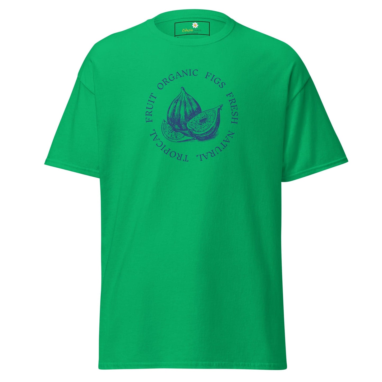 Green T-shirt featuring a stylish fig graphic for both men and women in S to XL sizes