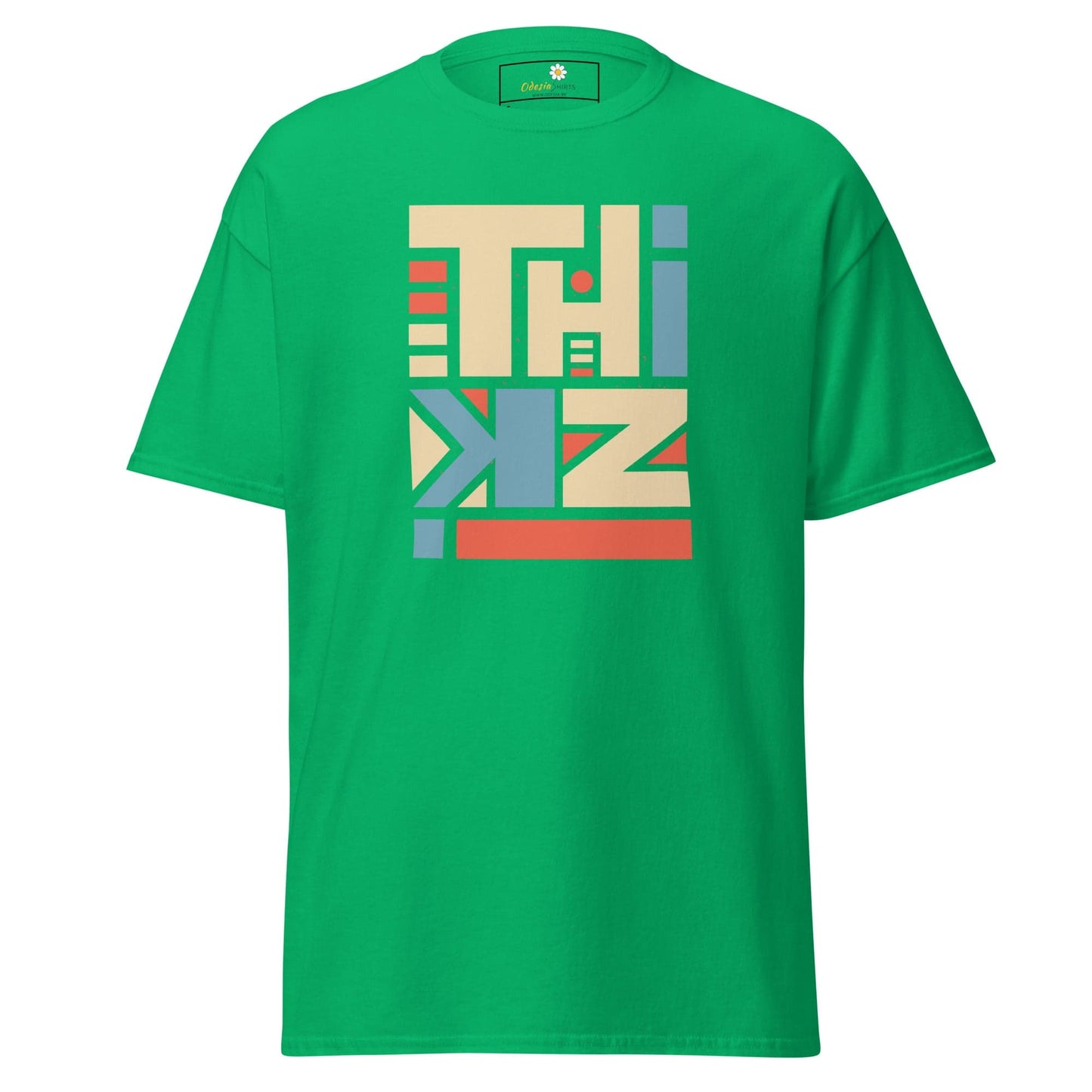 Green T-shirt with THINKZ graphic, suitable for men and women in sizes S to XL