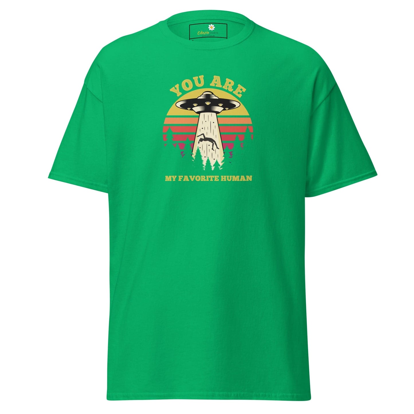 Green T-shirt with alien abduction graphic for Men and Women in sizes S to XL