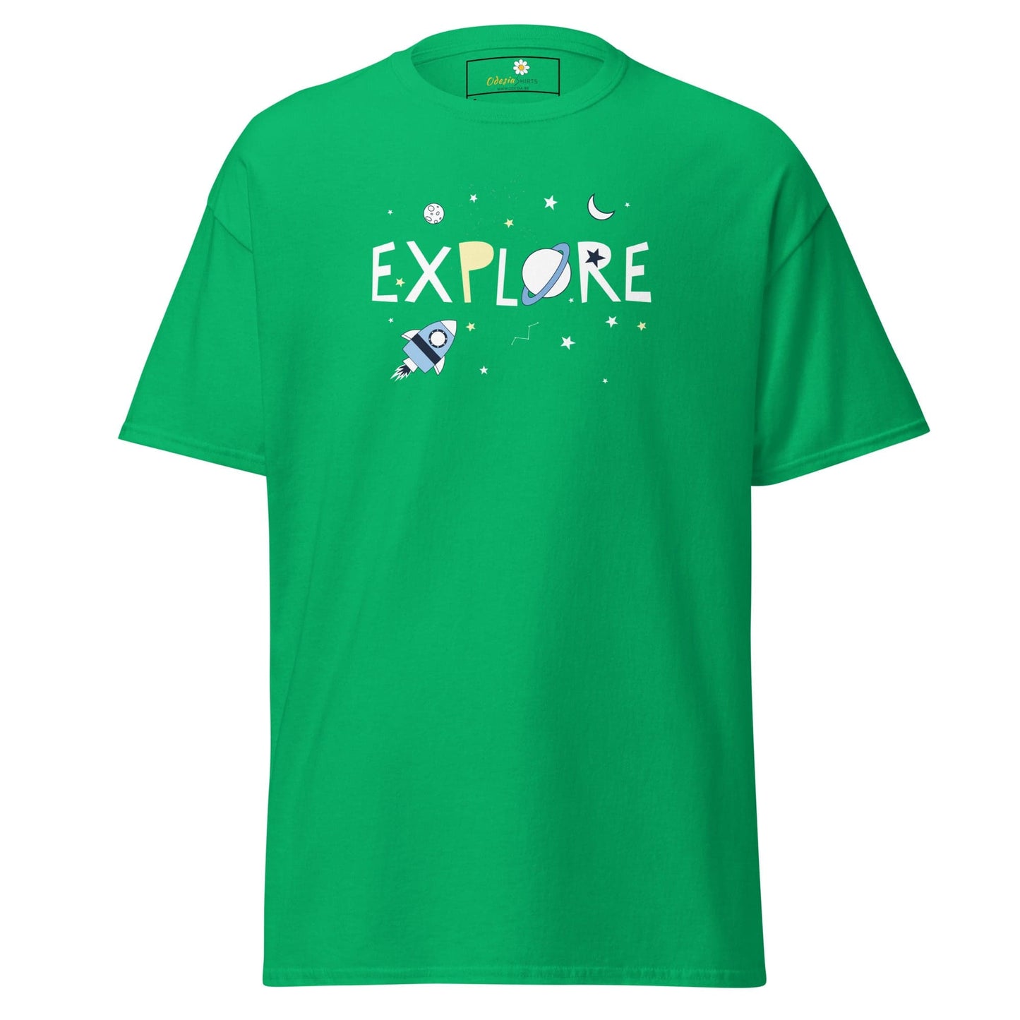 Green T-shirt with space-themed graphic for Men and Women available in sizes S to XL