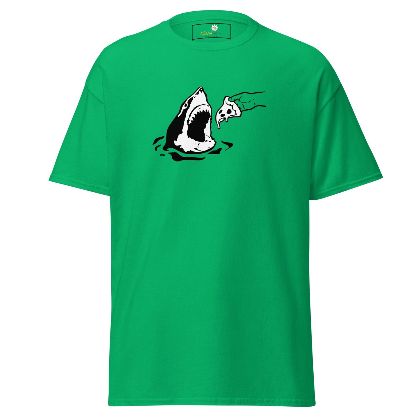 Green T-shirt featuring a graphic of a shark and pizza for men and women available in S to XL sizes