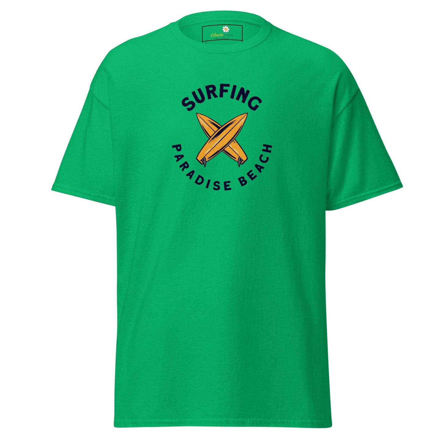 Green T-shirt with surfing graphic for men and women in size S to XL