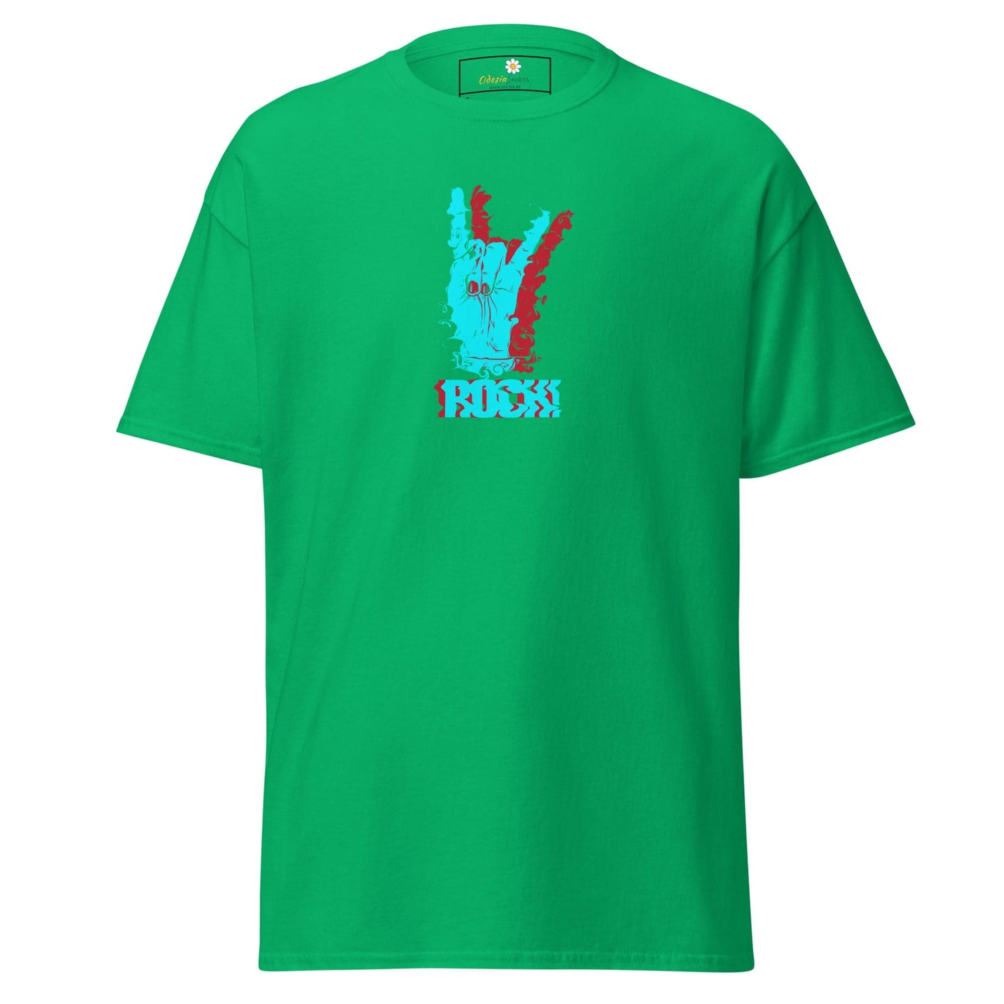 Green T-shirt with rock hand gesture graphic for men and women, sizes S to XL