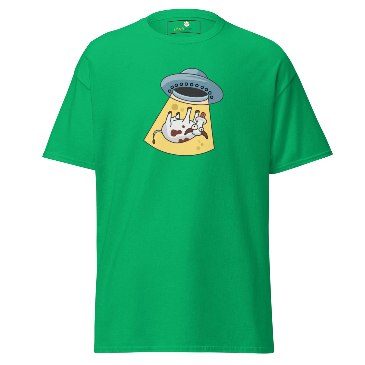 Green T-shirt with alien abduction graphic from T-SHIRT DESIGN TEE collection for men and women