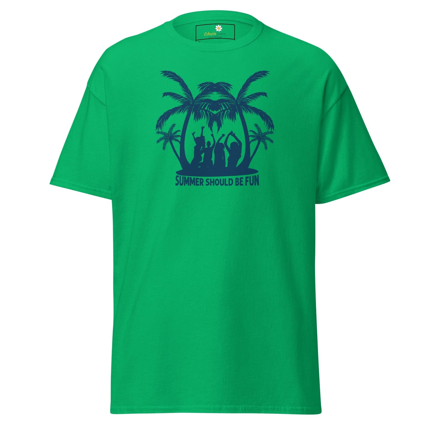 Green T-shirt with palm tree graphic suitable for men and women sizes S to XL