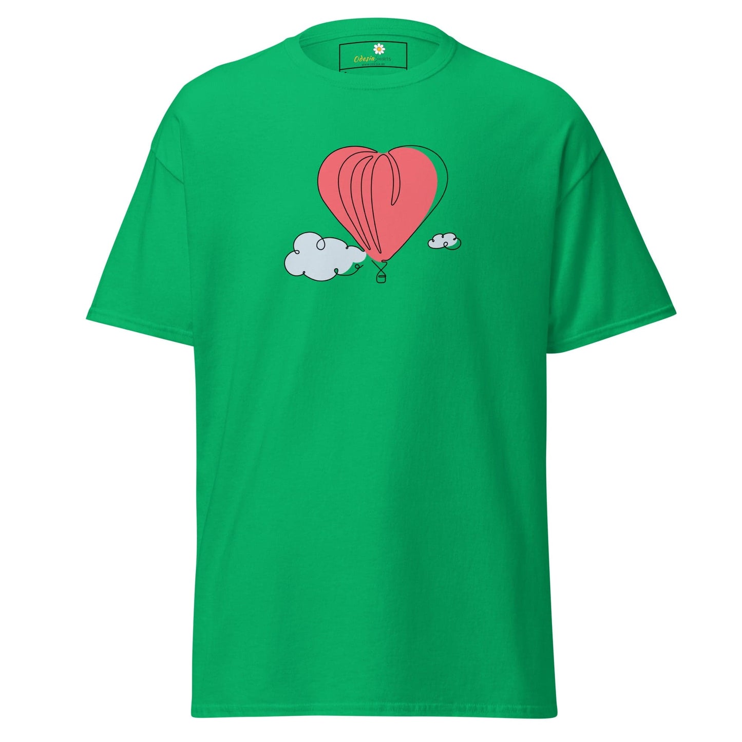 Green T-shirt with heart-shaped balloon graphic for men and women sizes S to XL