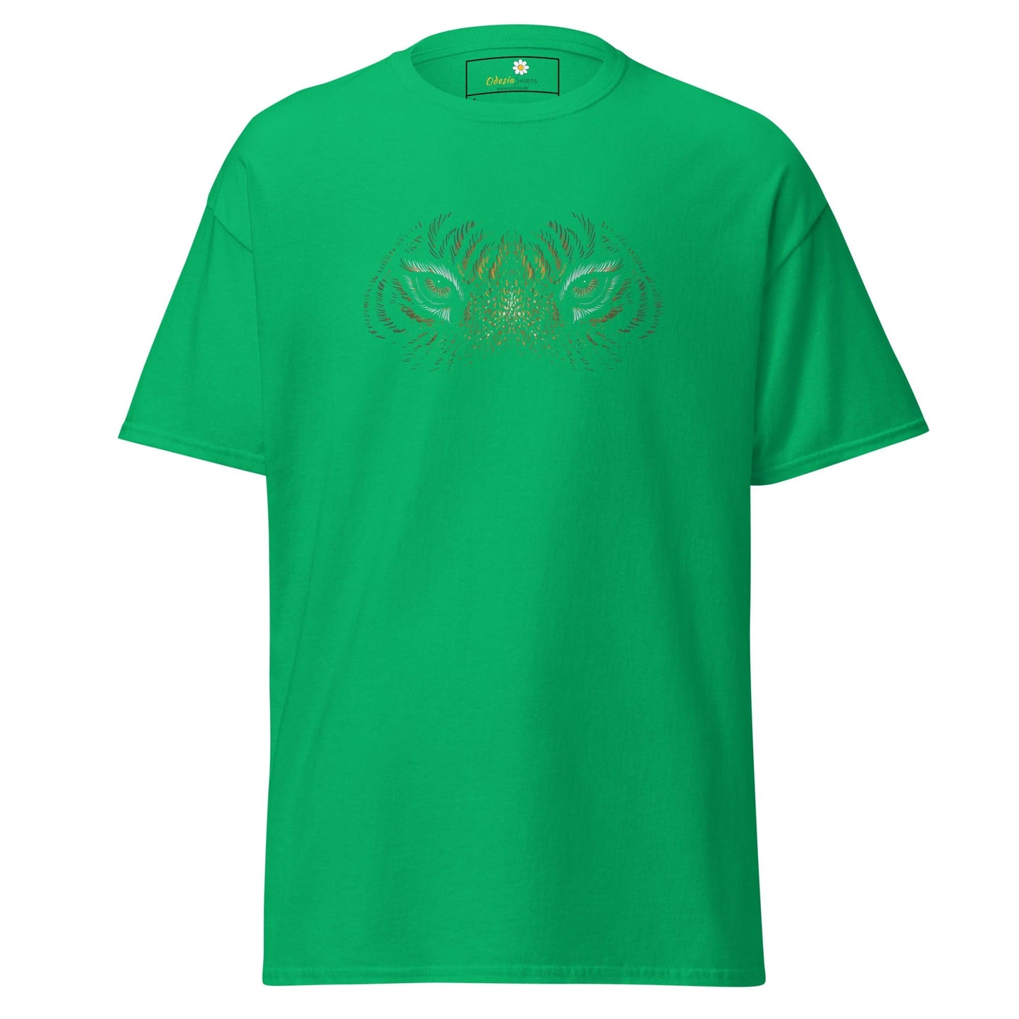 Green T-shirt with tiger eyes design, suitable for men and women sizes S to XL