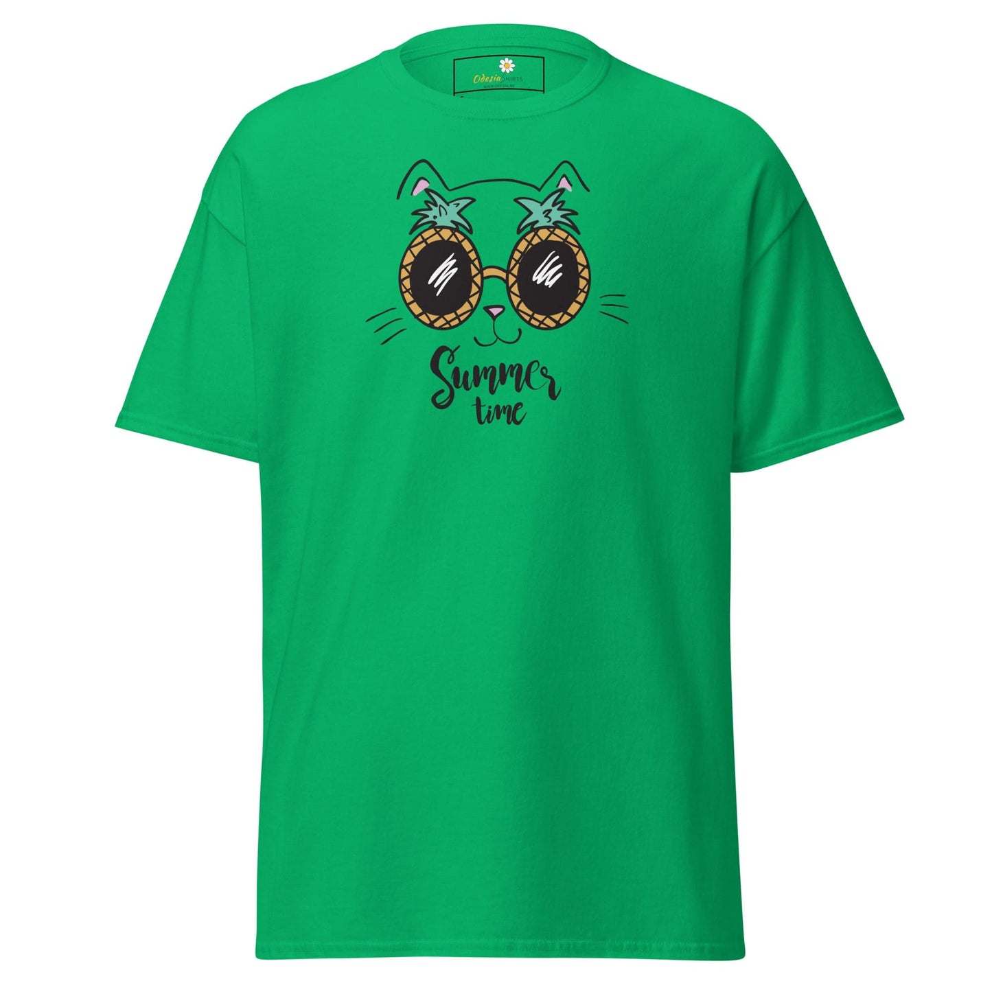 Green T-shirt featuring a cat wearing sunglasses, stylish unisex design