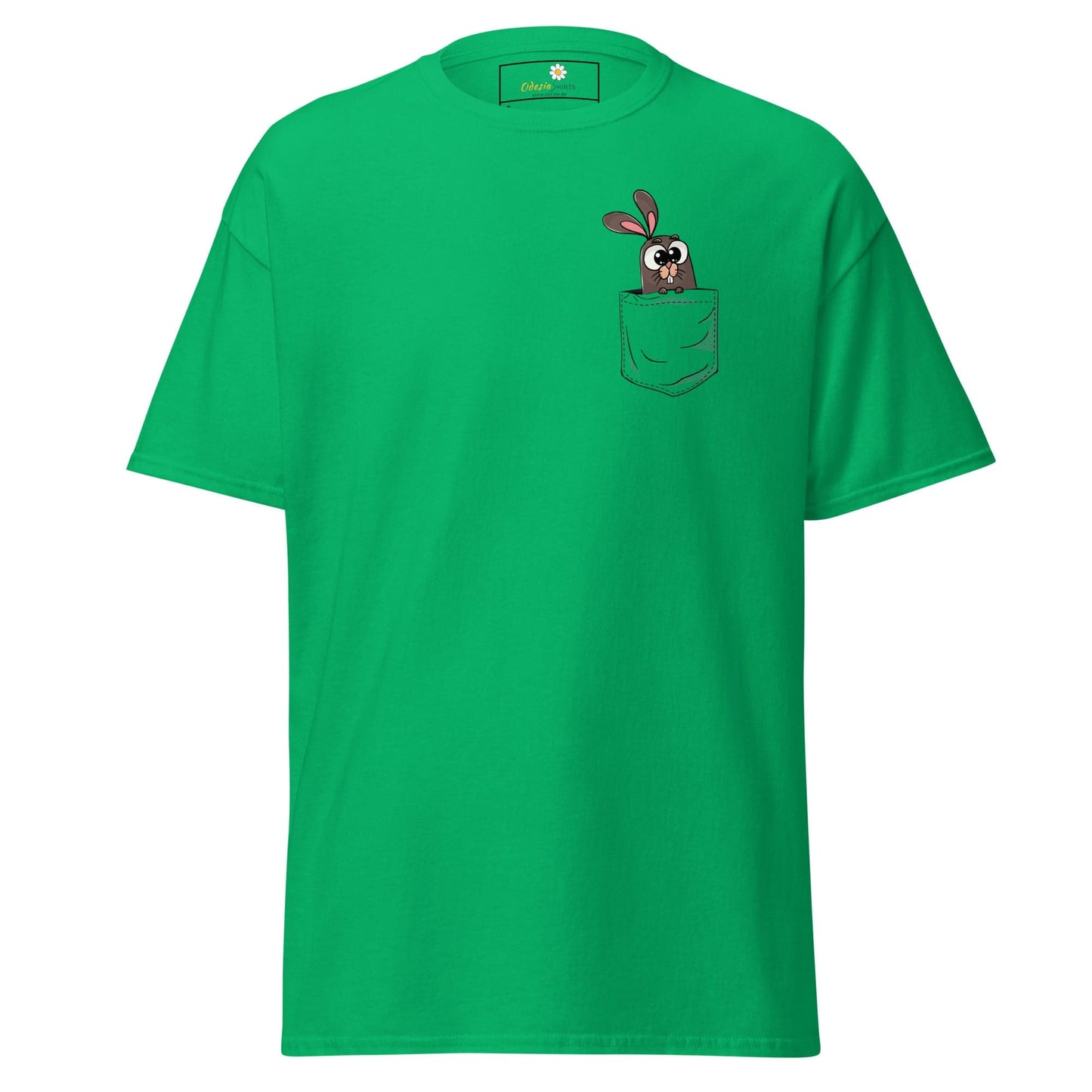 Green T-shirt with bunny in pocket, designed for men and women sizes S to XL