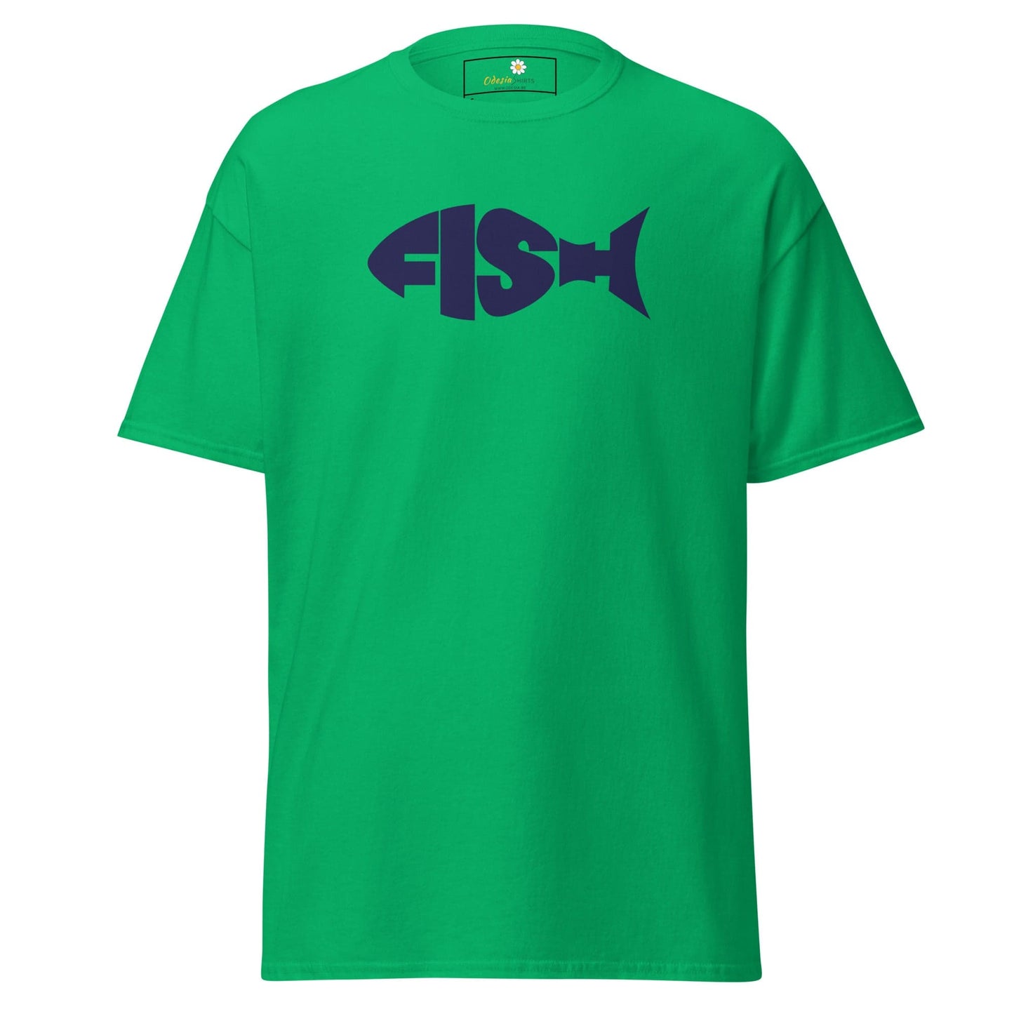Green T-shirt with FISH text forming a fish shape, ideal for Men and Women sizes S to XL