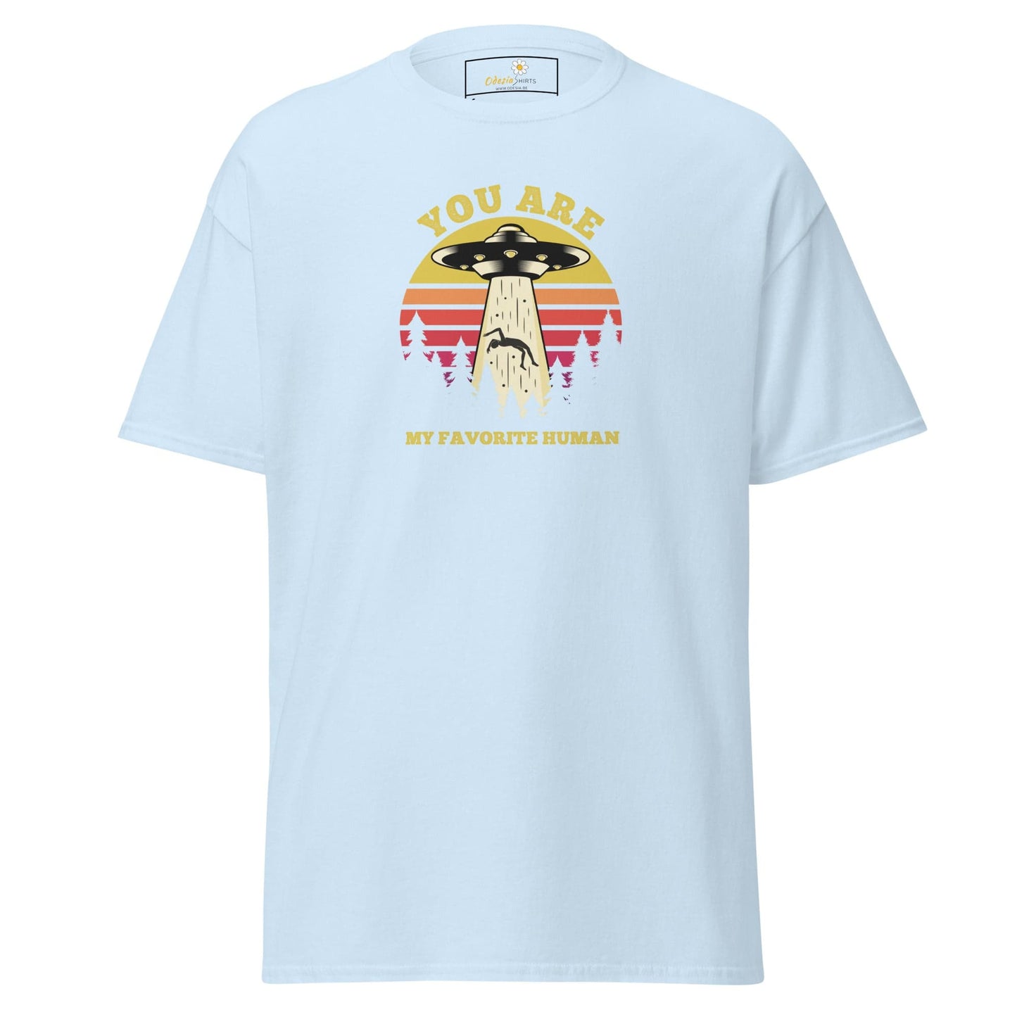 Light blue T-shirt featuring an alien abduction graphic for men and women in sizes S to XL