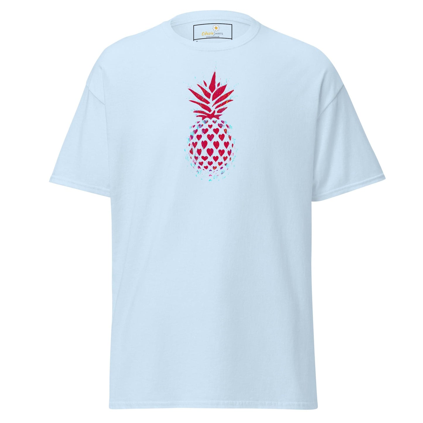 Light blue T-shirt with heart pineapple design for men and women in sizes S to XL