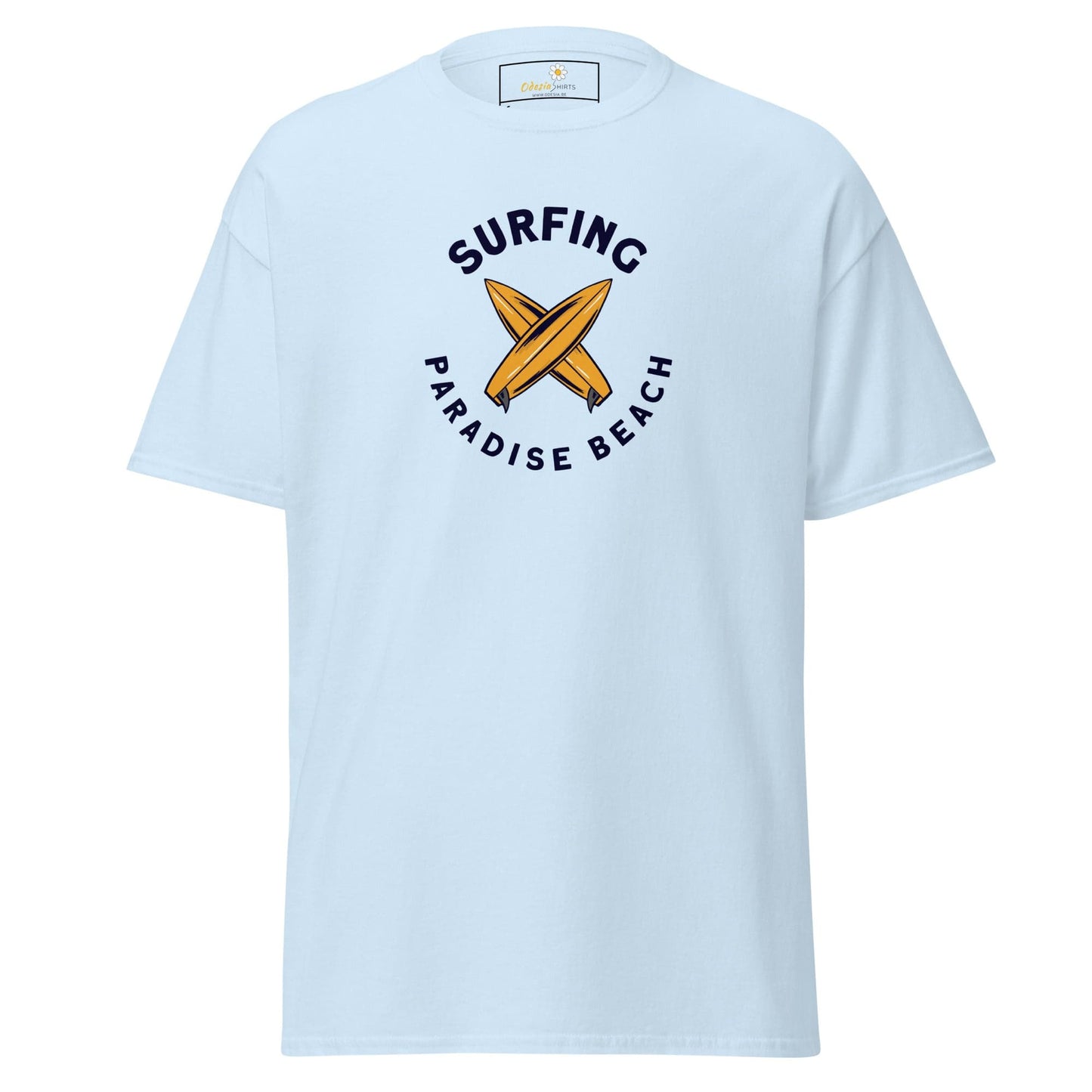 Light blue T-shirt with surfing graphic for men and women available in sizes S to XL