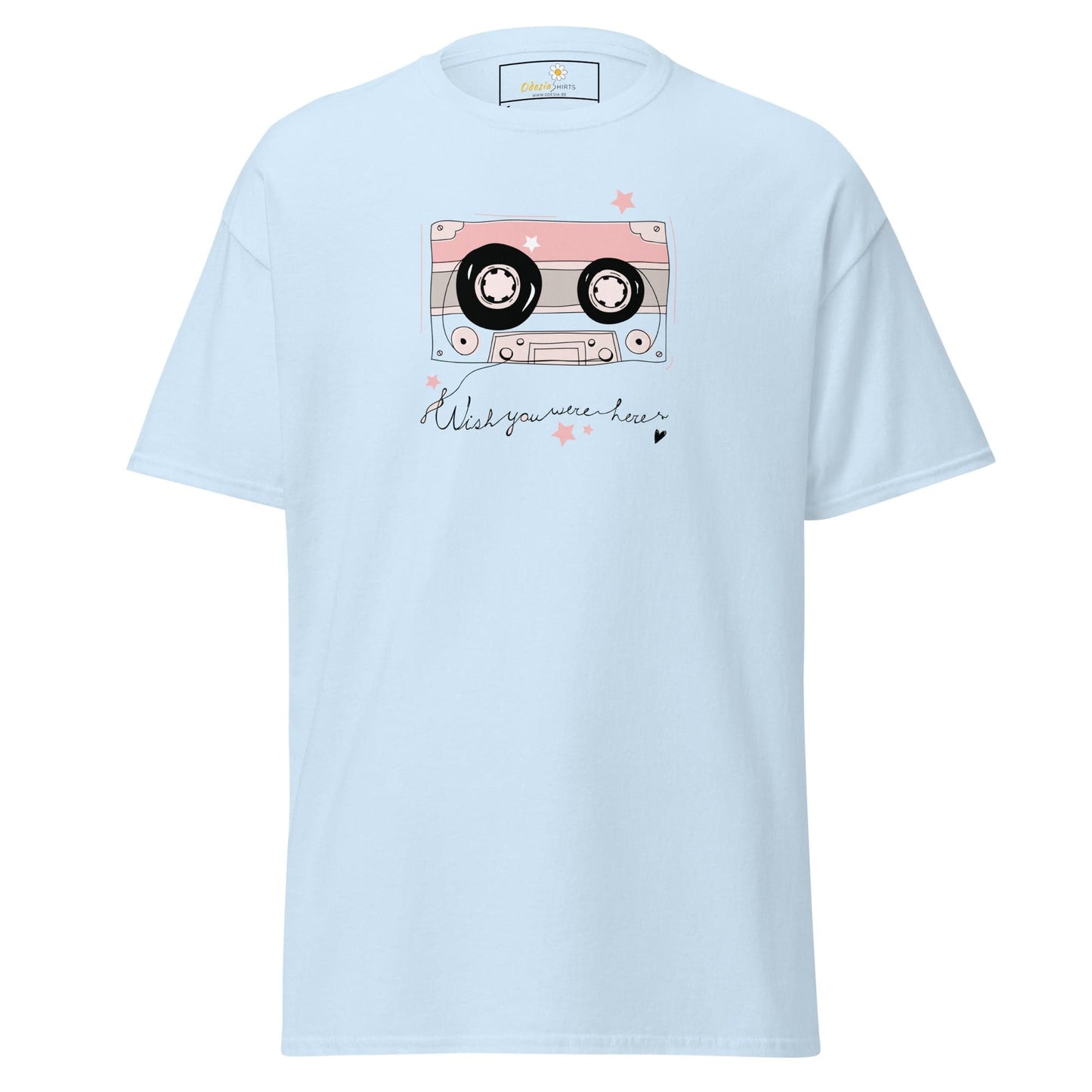 Light blue T-shirt with cassette tape design for men and women in sizes S to XL