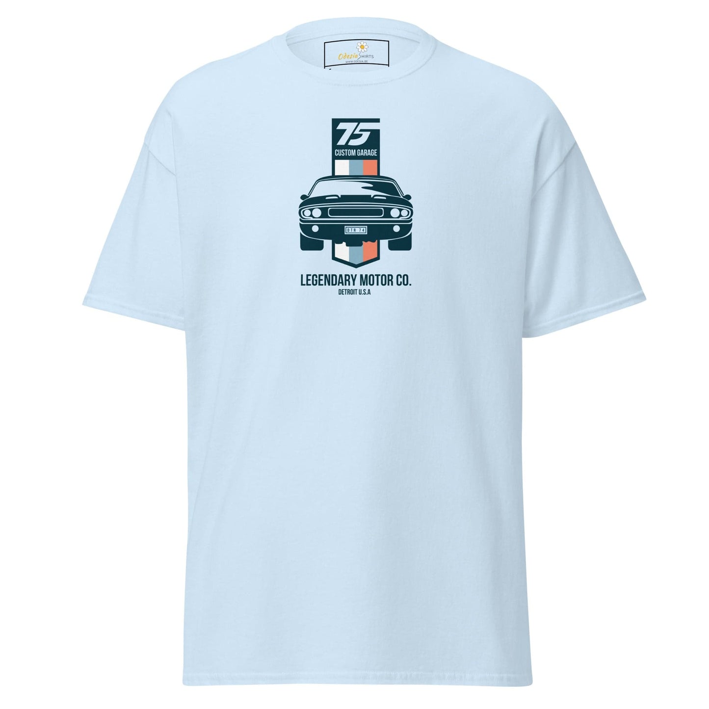 Light blue T-shirt with car graphic from T-SHIRT DESIGN TEE for Men and Women sizes S to XL