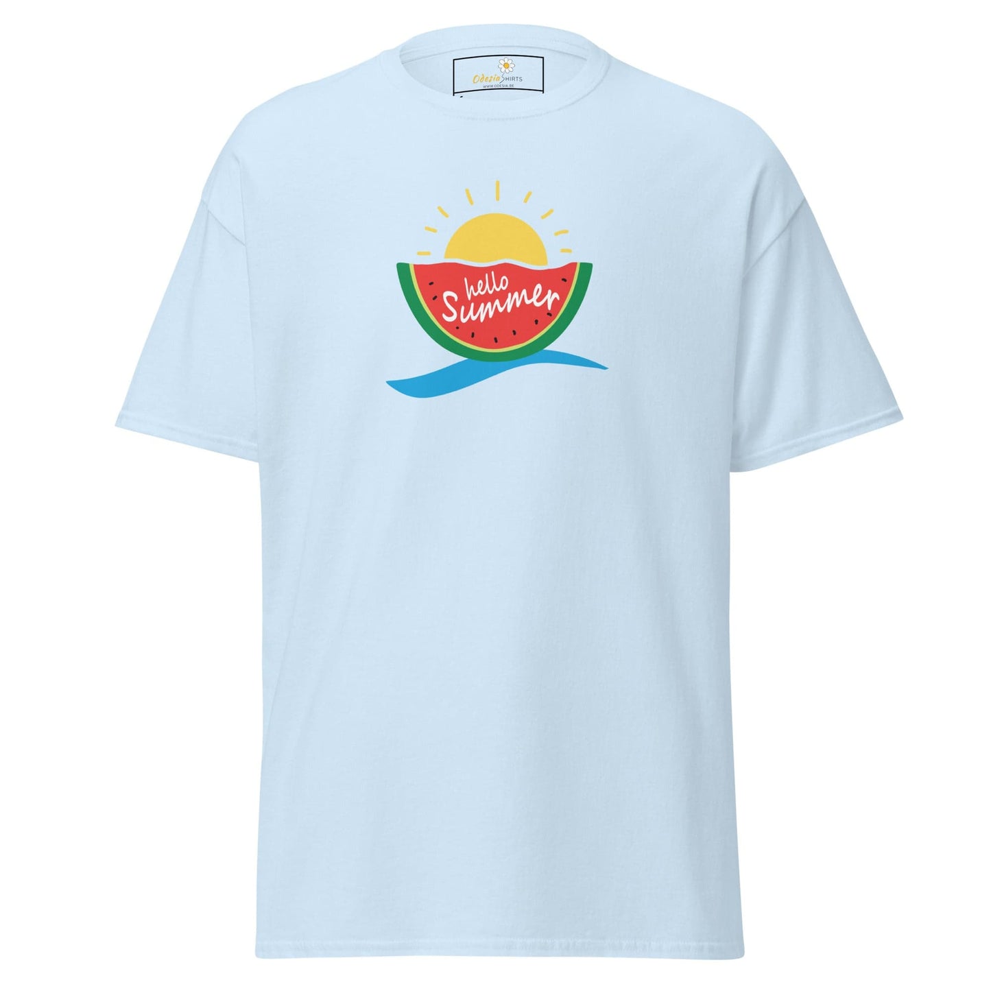Light blue T-shirt with watermelon graphic from T-SHIRT DESIGN TEE for men and women