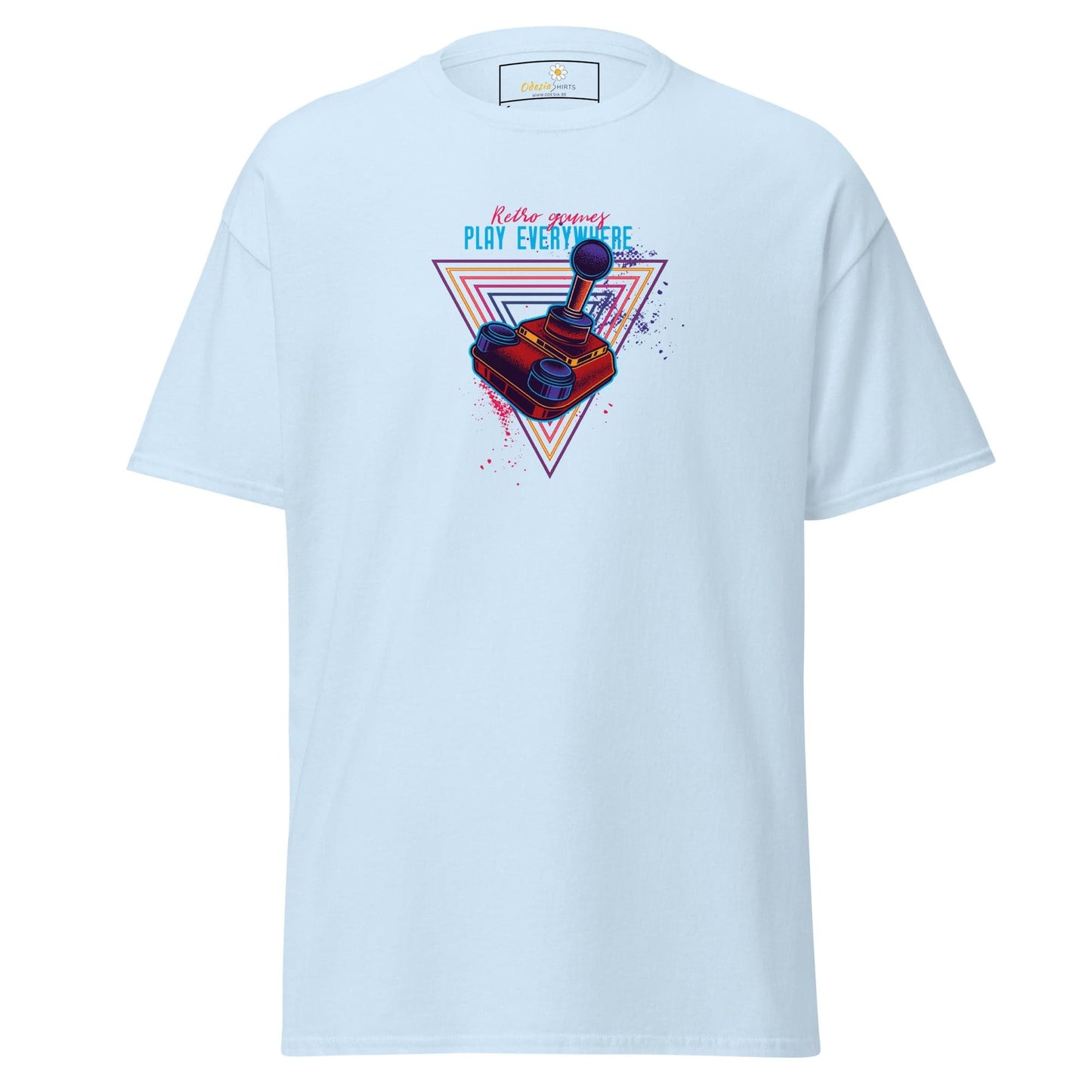 Light blue T-shirt with retro gaming design for men and women in sizes S to XL