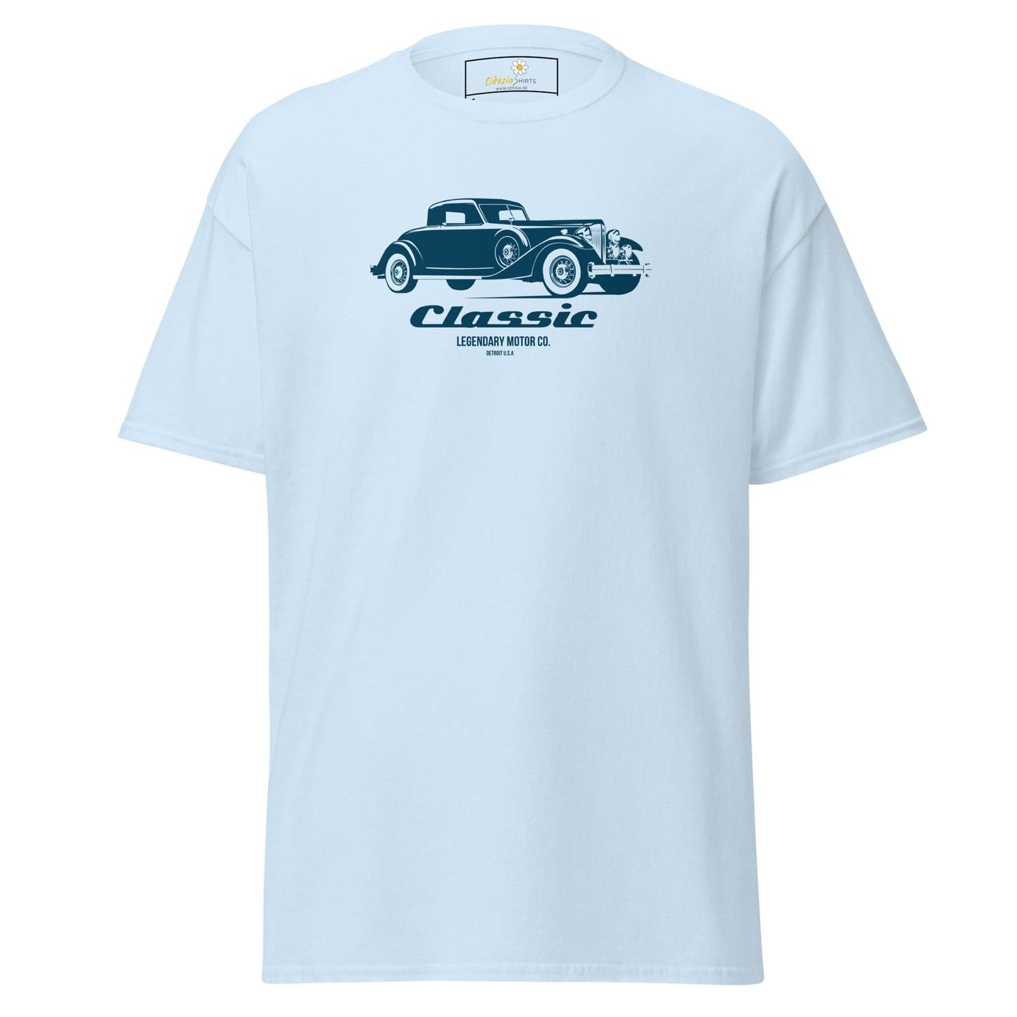 Light blue T-shirt featuring a classic Car graphic suitable for men and women in sizes S to XL