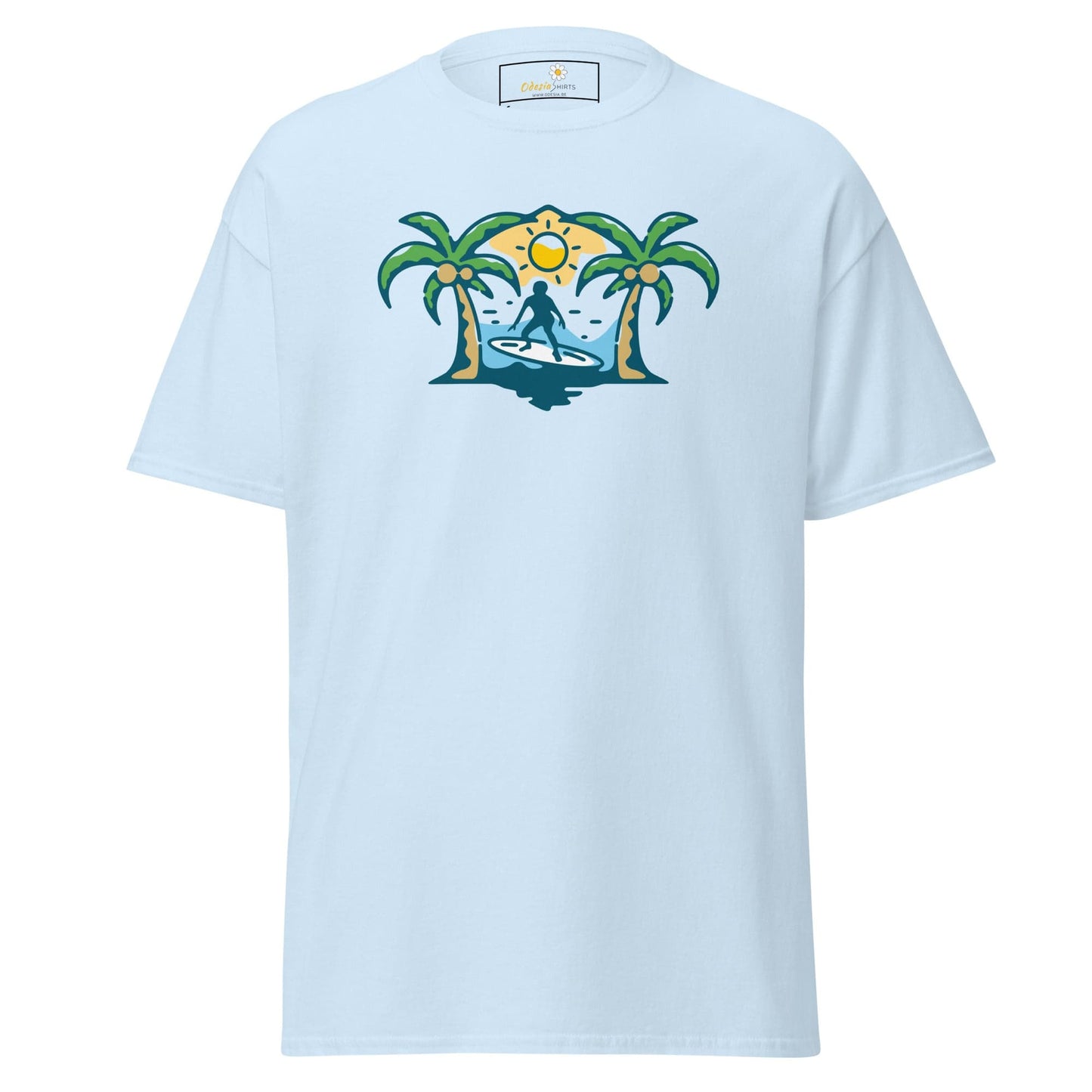 Light blue T-shirt with surfer graphic for Men and Women sizes S to XL