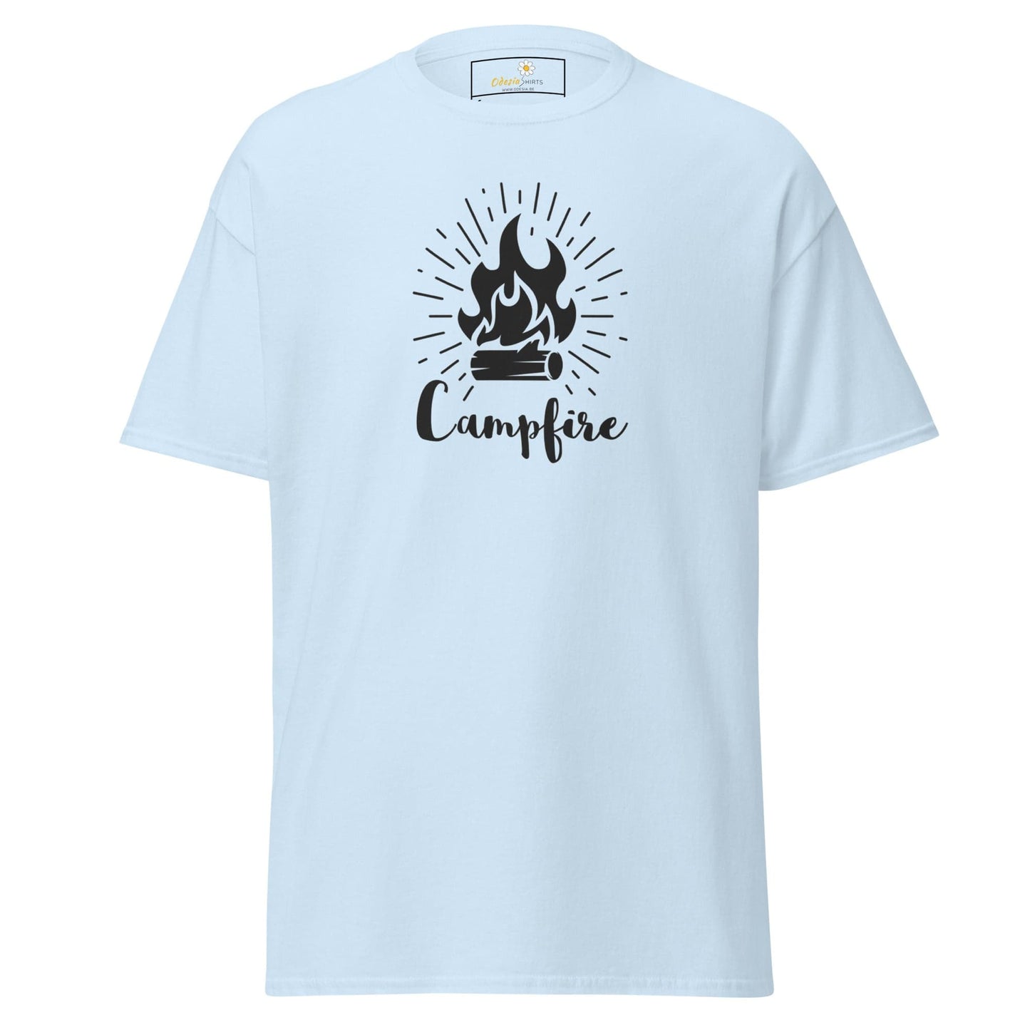 Light blue T-shirt with campfire graphic from T-Shirt Design Tee for Men Women S to XL