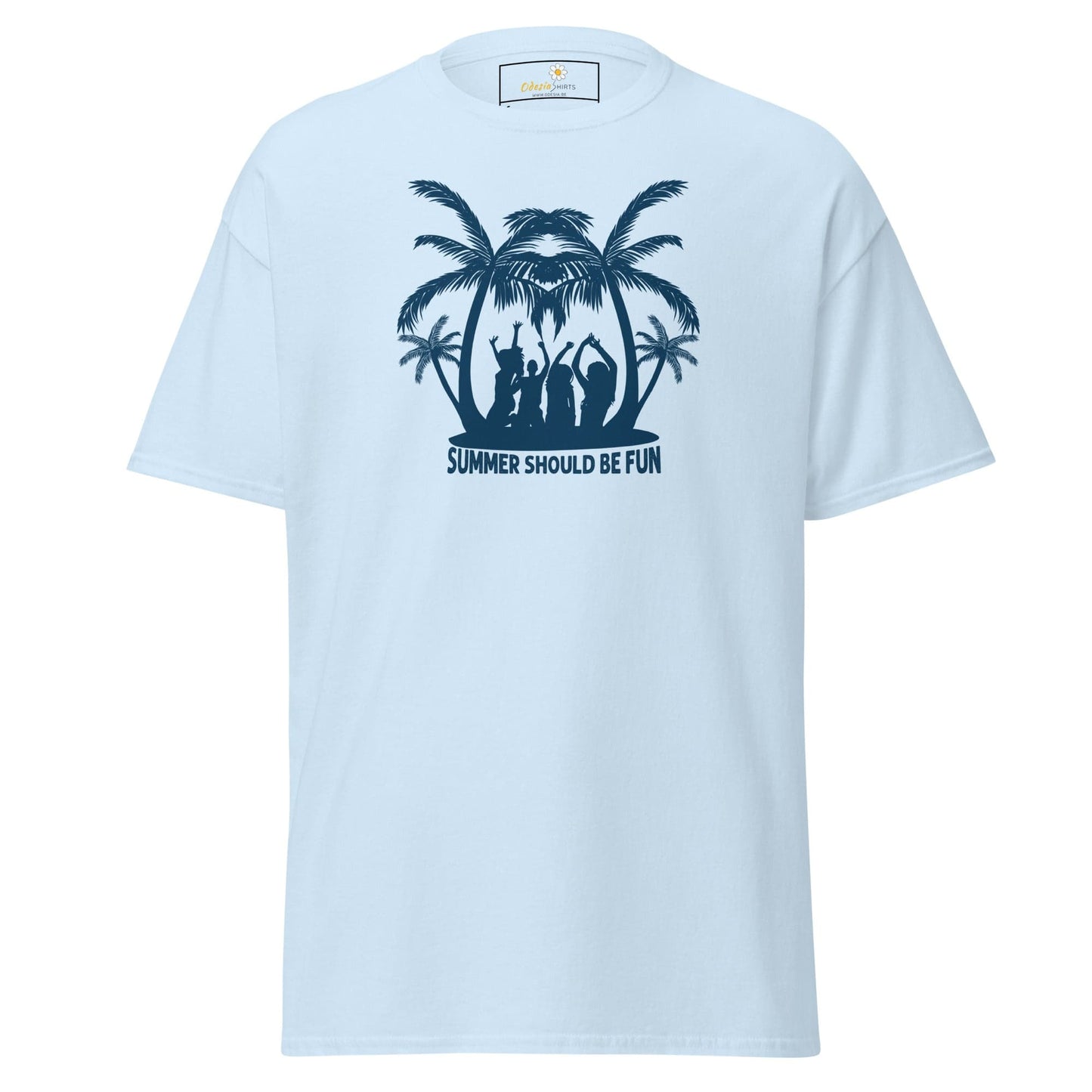 Light blue T-shirt with summer-themed graphic for men and women in sizes S to XL