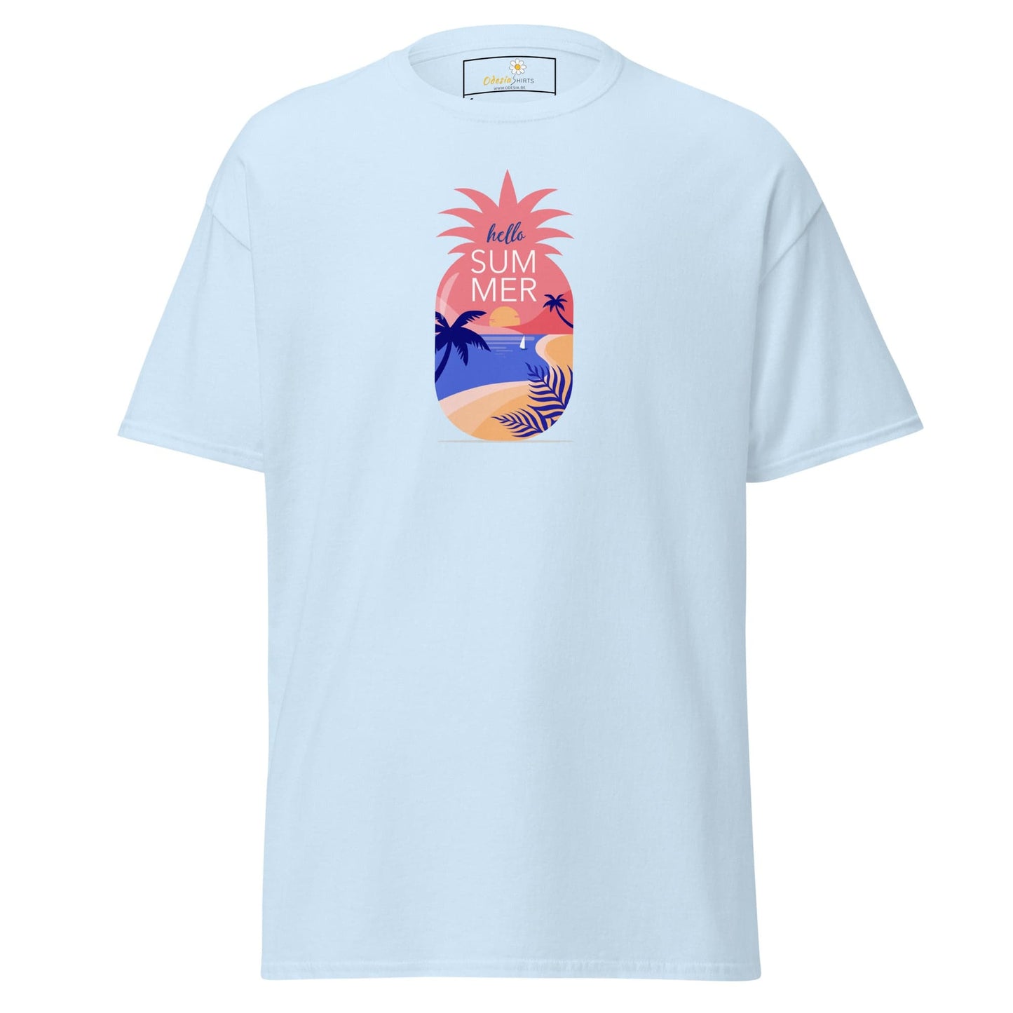 Light blue T-shirt with pineapple summer design for men and women in sizes S to XL