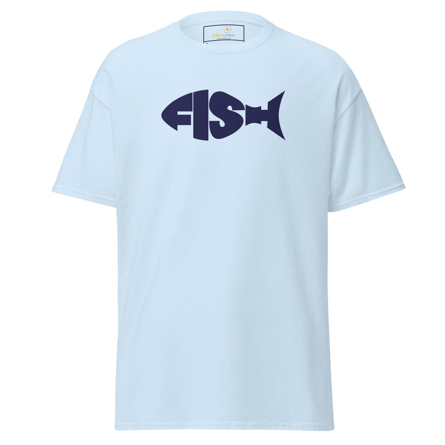 Light blue T-shirt for men and women with FISH design, available in sizes S to XL