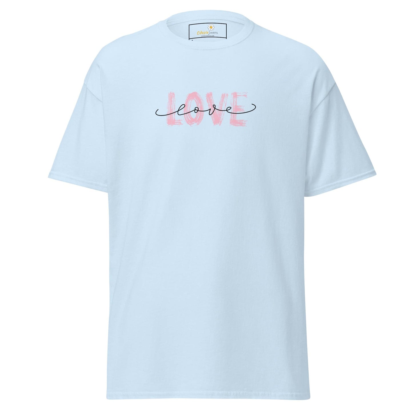 Light blue T-shirt with love design, suitable for men and women, available in S to XL sizes