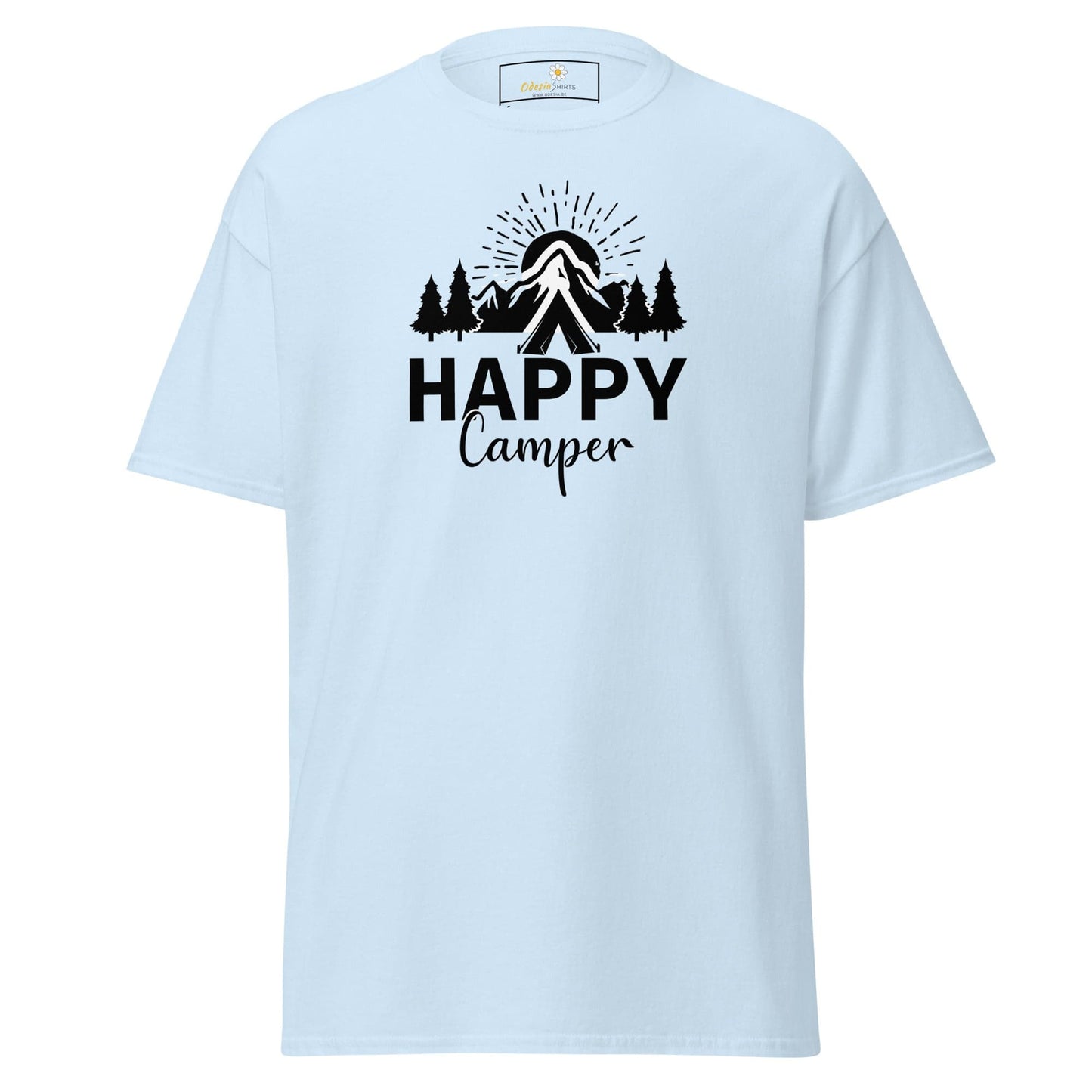 Light blue T-shirt with camping graphic for men and women available in sizes S to XL
