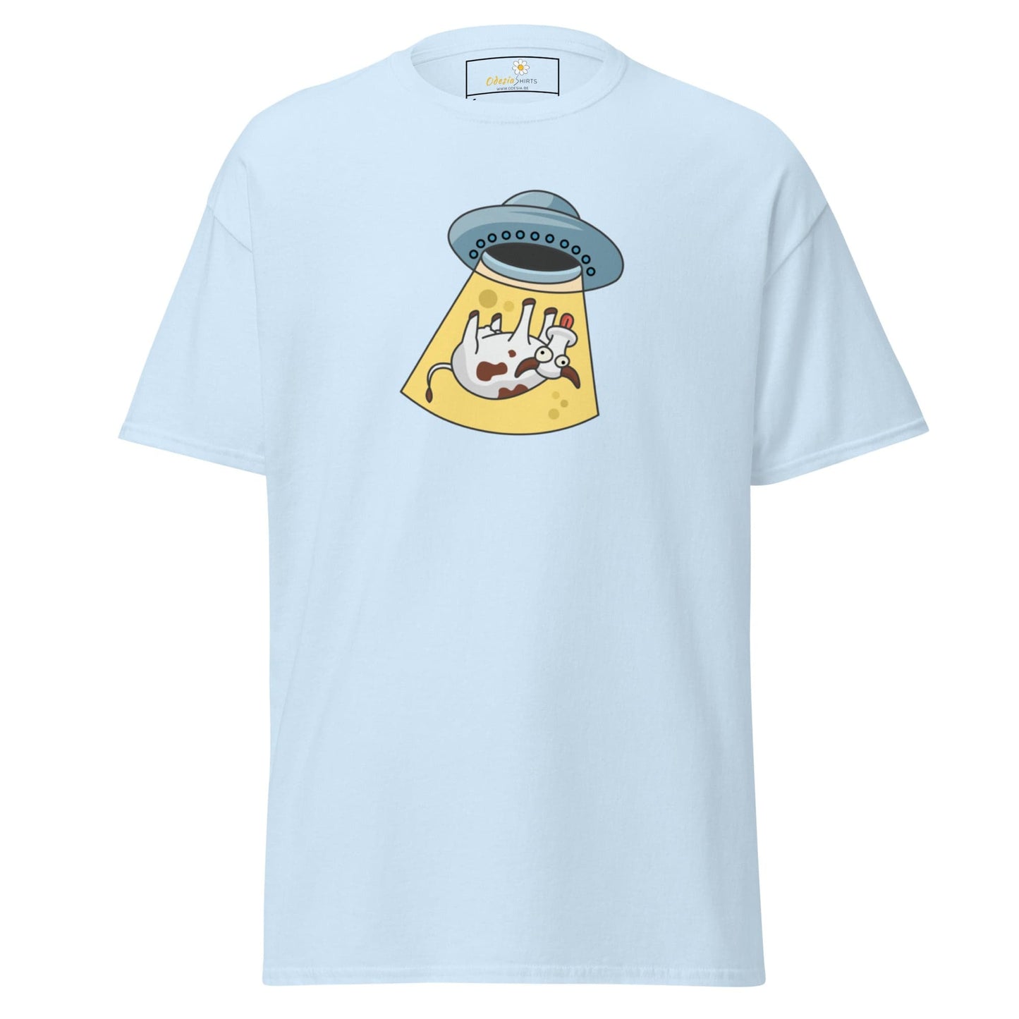 Light blue T-shirt with alien abduction graphic for men and women in S to XL sizes