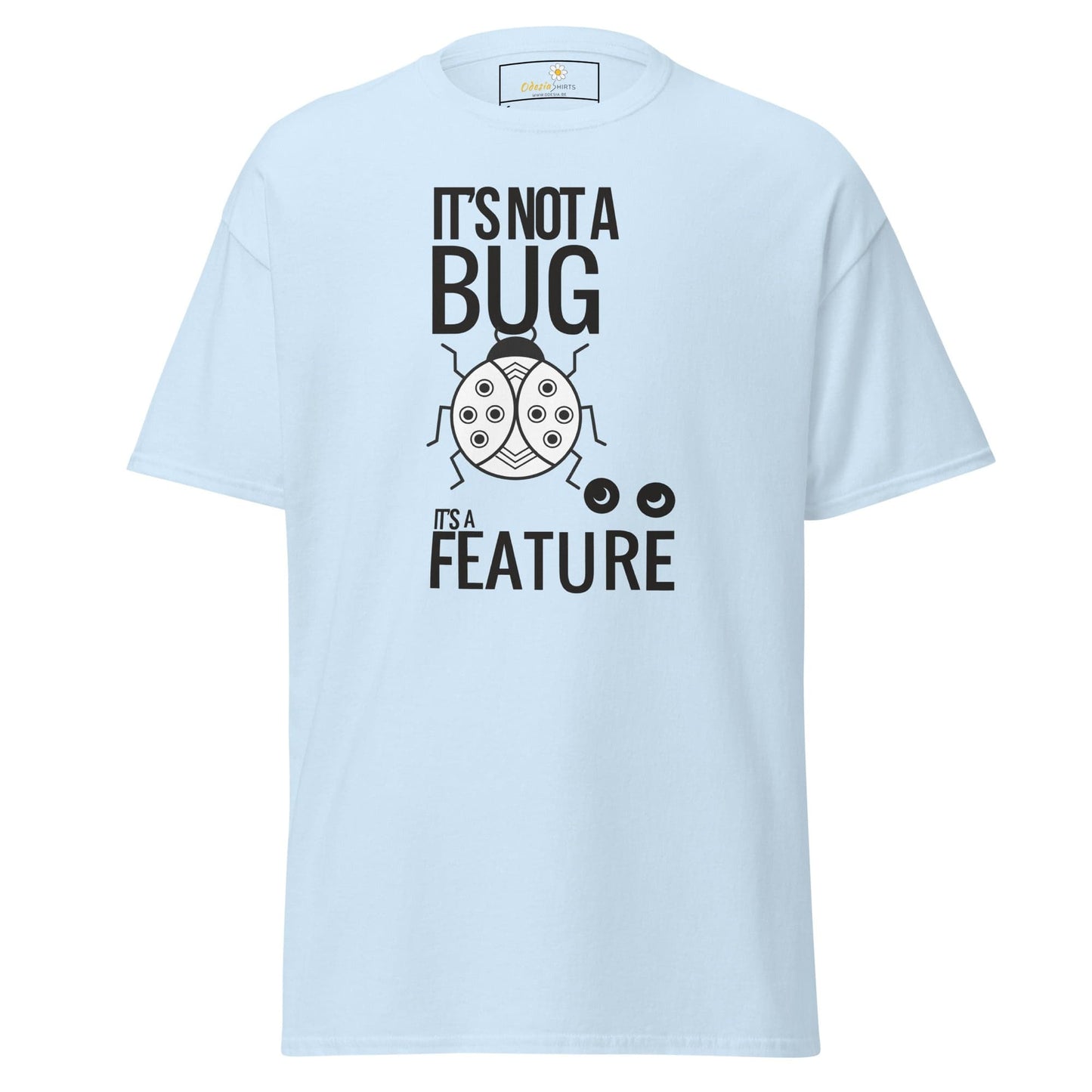 Light blue T-shirt with bug graphic available in men’s and women’s sizes S to XL