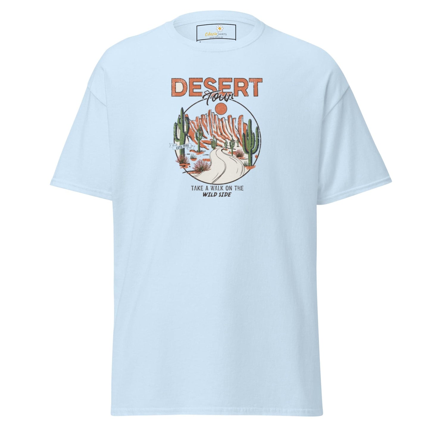 Light blue T-shirt featuring a desert graphic for men and women in sizes S to XL