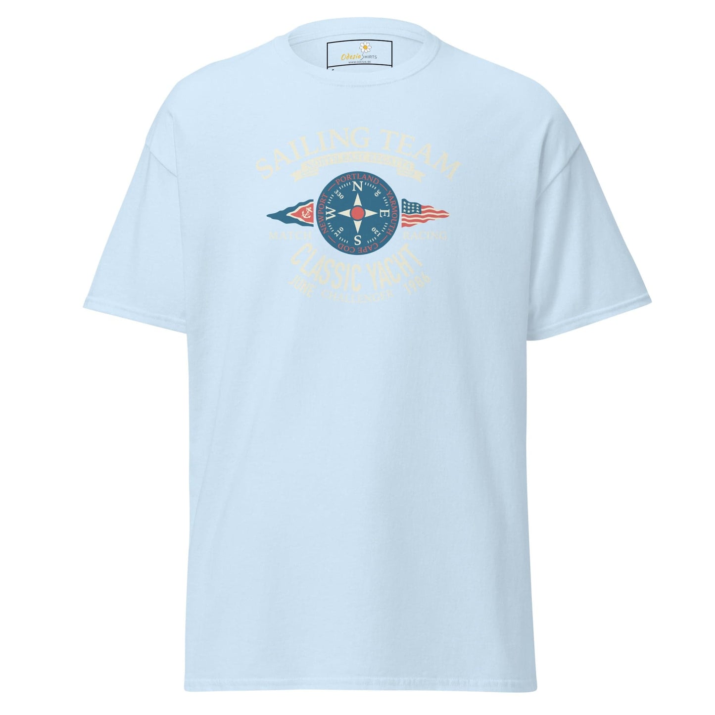 Light blue T-shirt featuring a compass graphic for Men and Women sizes S to XL