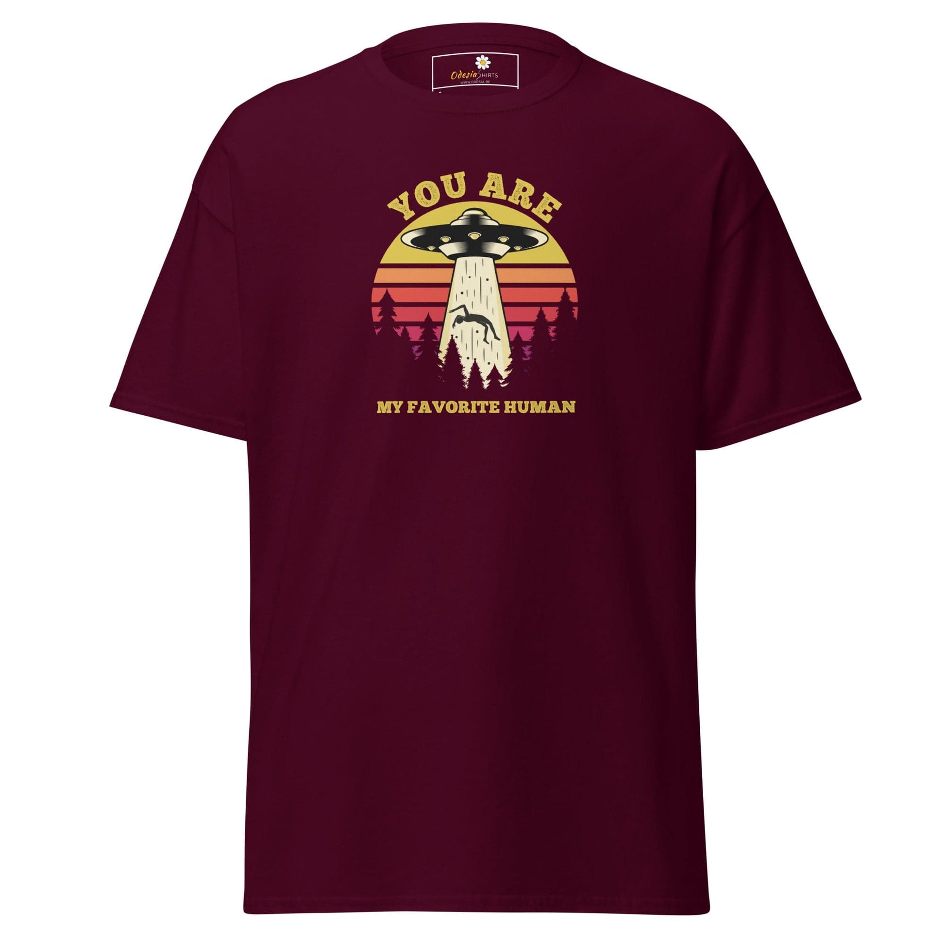 Maroon T-shirt with alien abduction graphic for men and women in sizes S to XL
