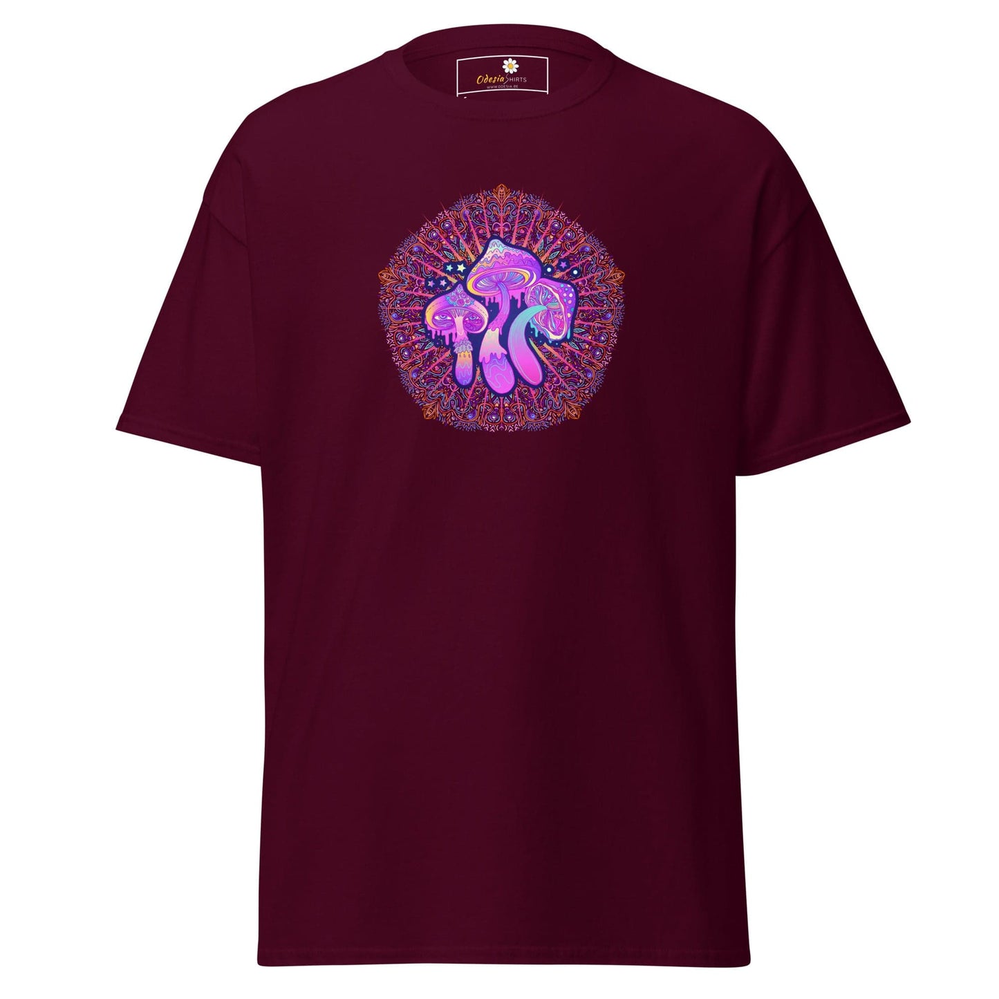 Maroon T-shirt featuring a detailed mushroom mandala design for men and women in sizes S to XL