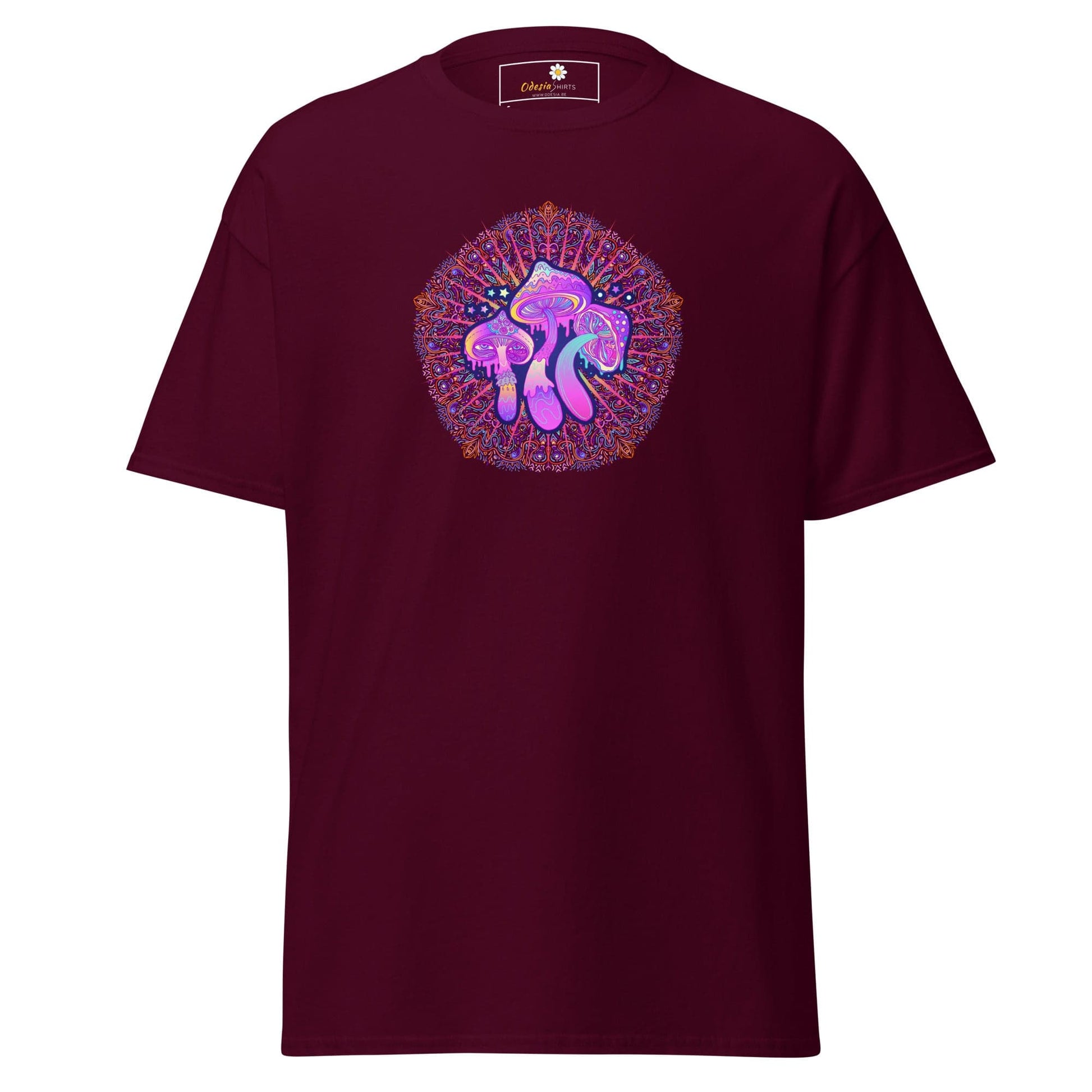Maroon T-shirt featuring a detailed mushroom mandala design for men and women in sizes S to XL