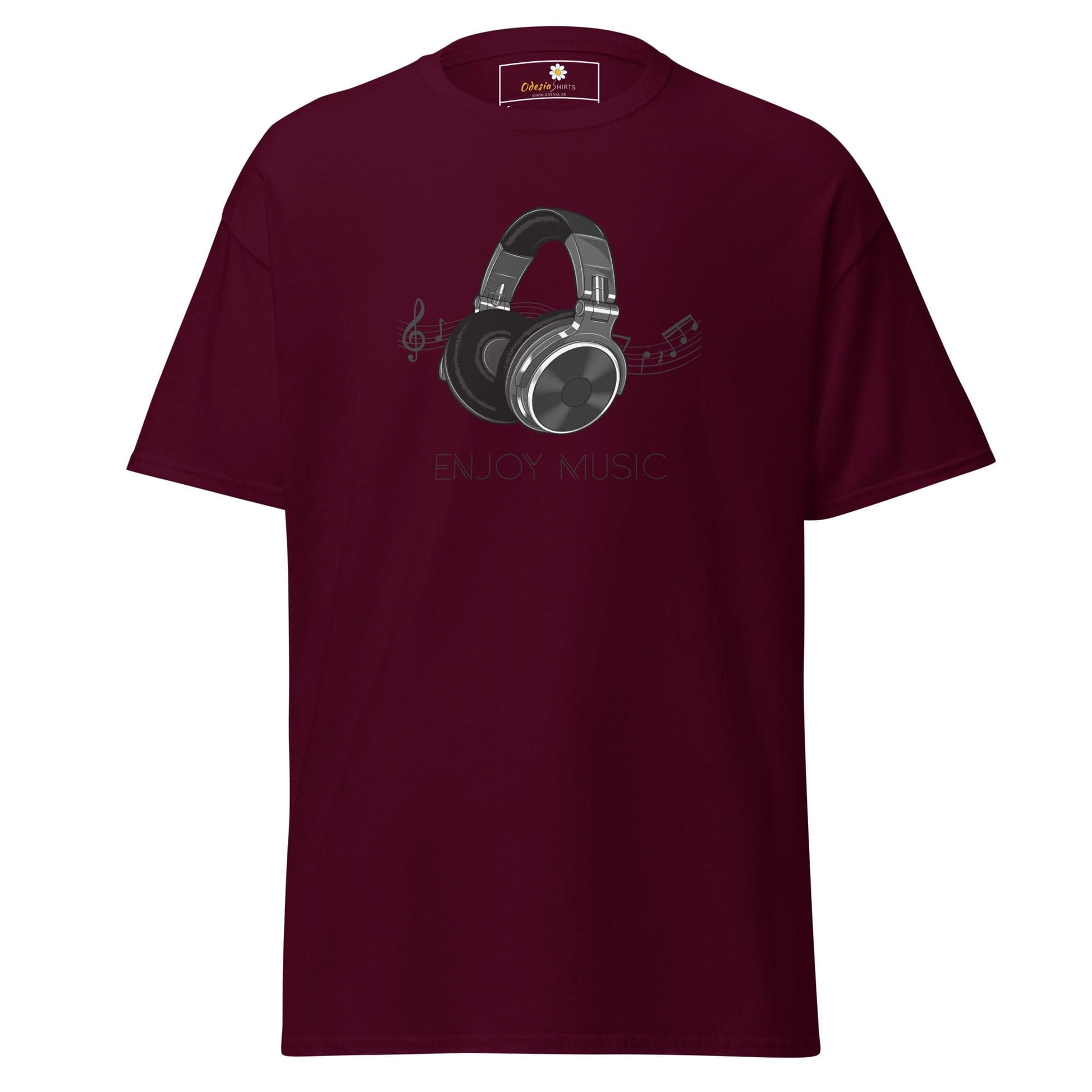 Maroon T-shirt with headphone graphic for Men and Women available in sizes S to XL