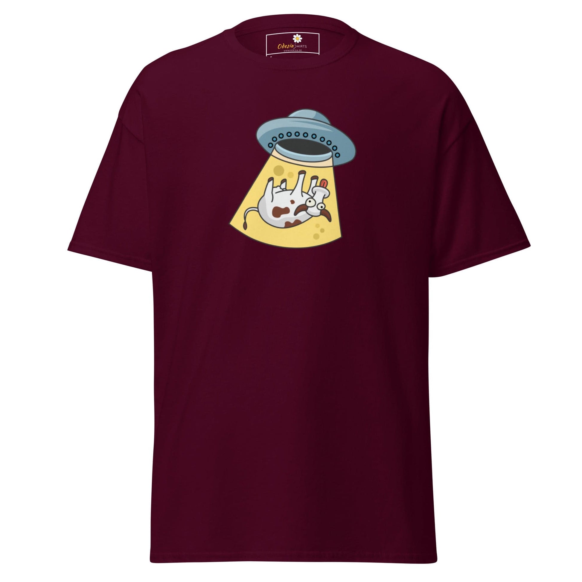 Maroon T-shirt with alien abduction graphic for Men and Women in sizes S to XL