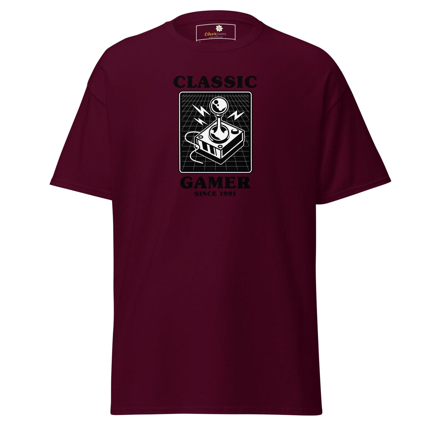 Maroon T-shirt featuring a retro gaming design for men and women available in sizes S to XL