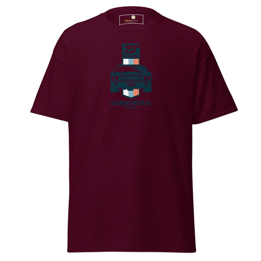Maroon T-shirt with graphic design available for men and women in sizes S to XL