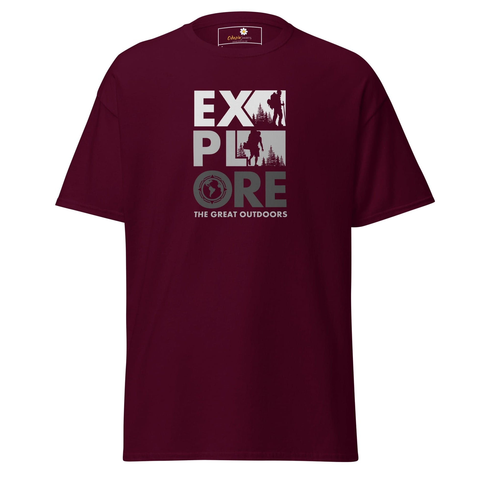 Maroon T-Shirt with Explore the Great Outdoors graphic for Men and Women in S to XL sizes