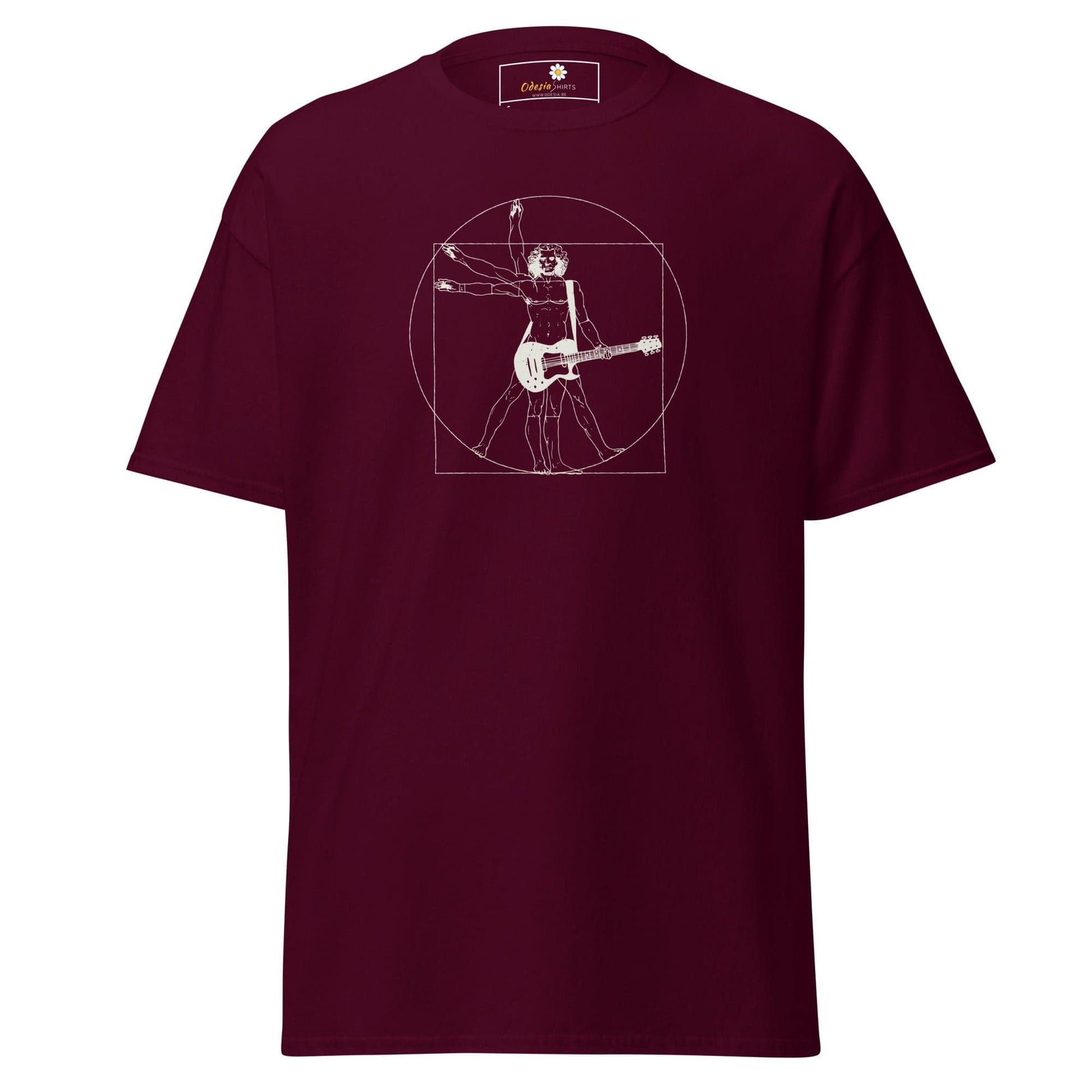 Maroon T-shirt featuring Vitruvian Man guitar player design for men and women sizes S to XL