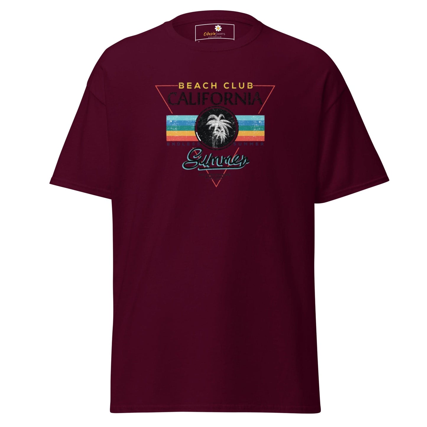 Maroon T-shirt featuring a beach club graphic for men and women sizes S to XL