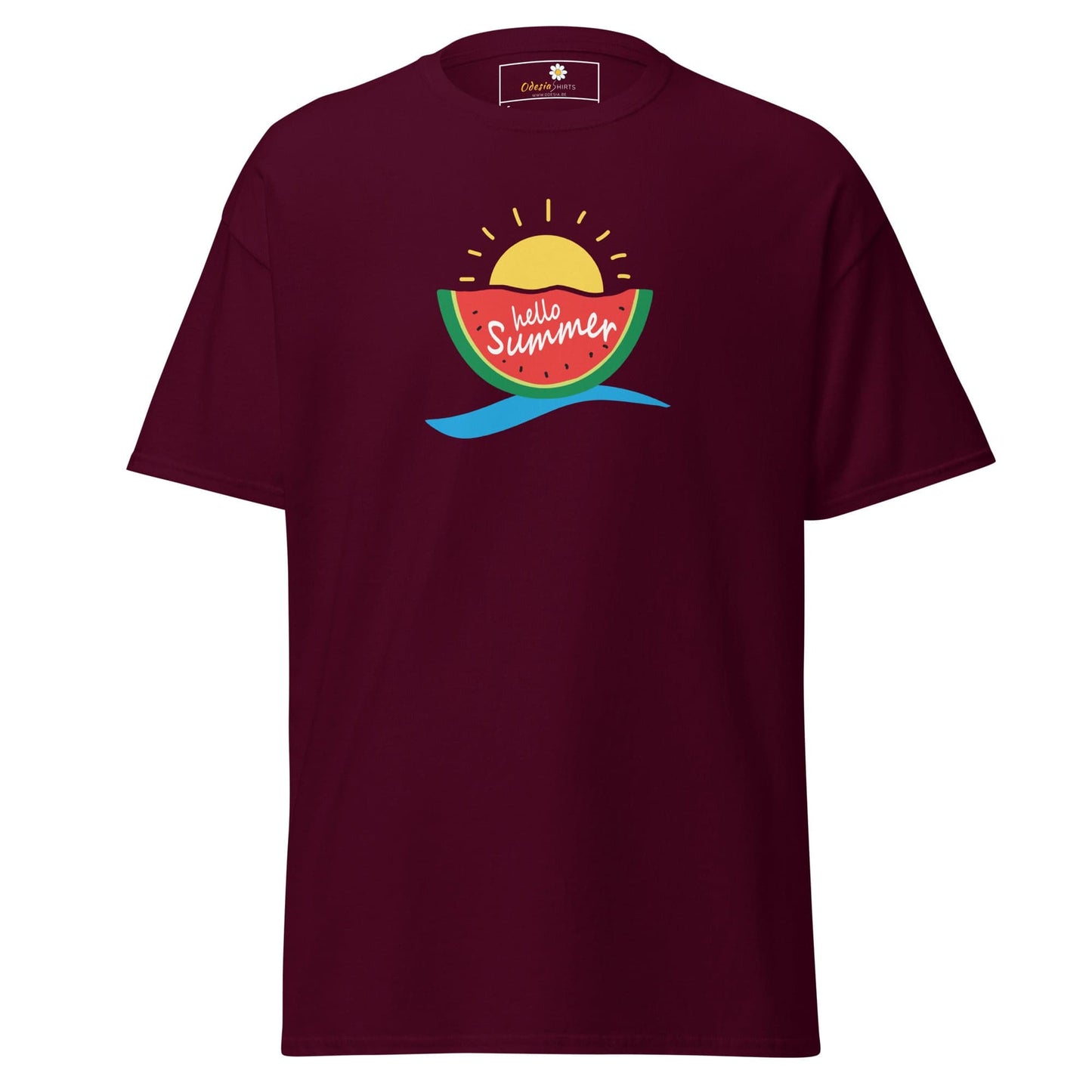 Maroon t-shirt with summer-themed graphic, available for men and women in sizes S to XL