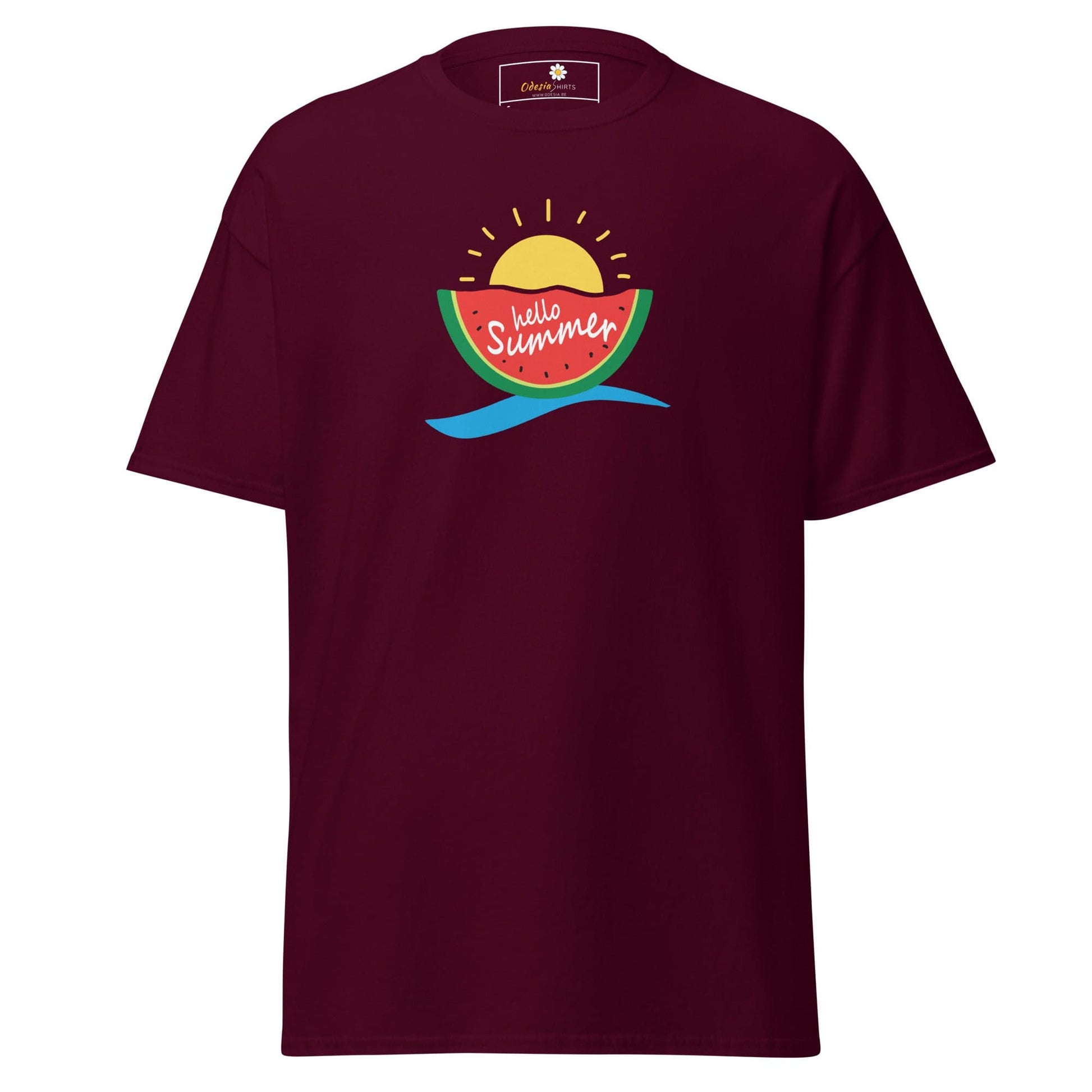 Maroon t-shirt with summer-themed graphic, available for men and women in sizes S to XL