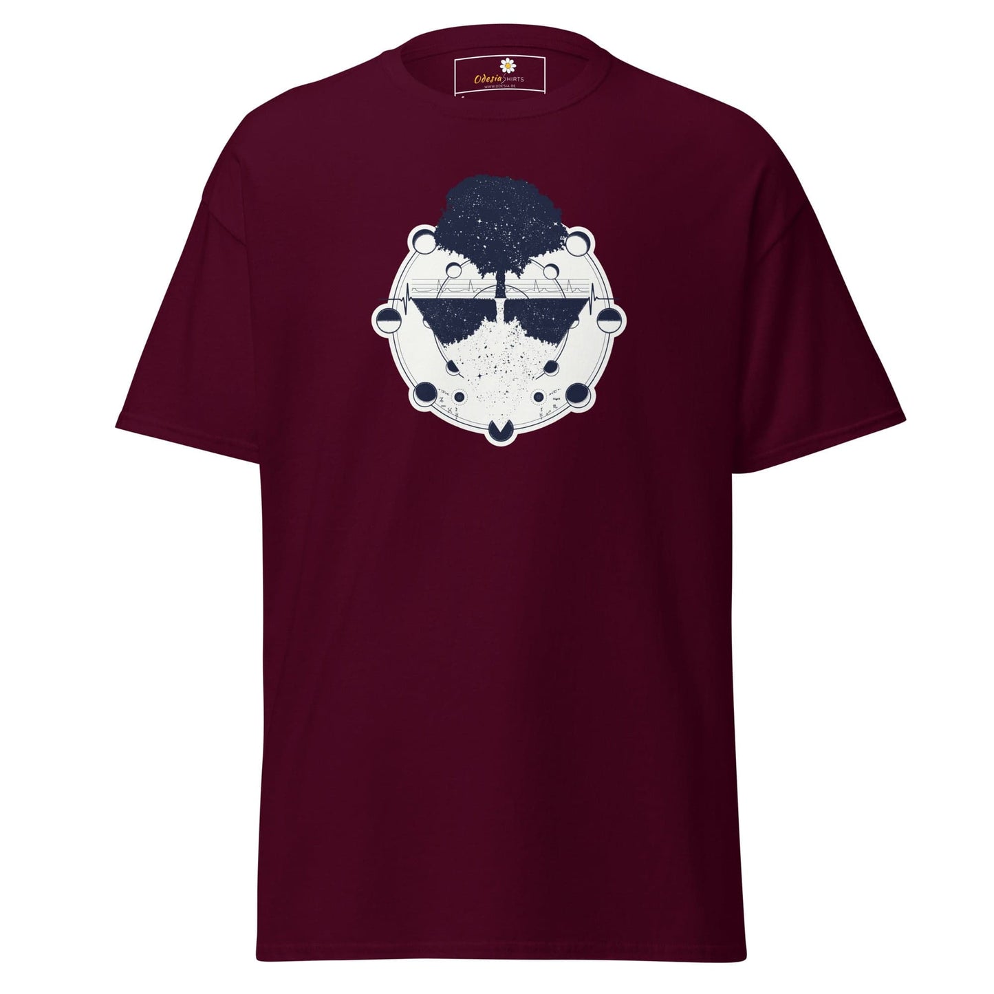 Maroon T-shirt with tree graphic from T-SHIRT DESIGN TEE for Men and Women in sizes S to XL
