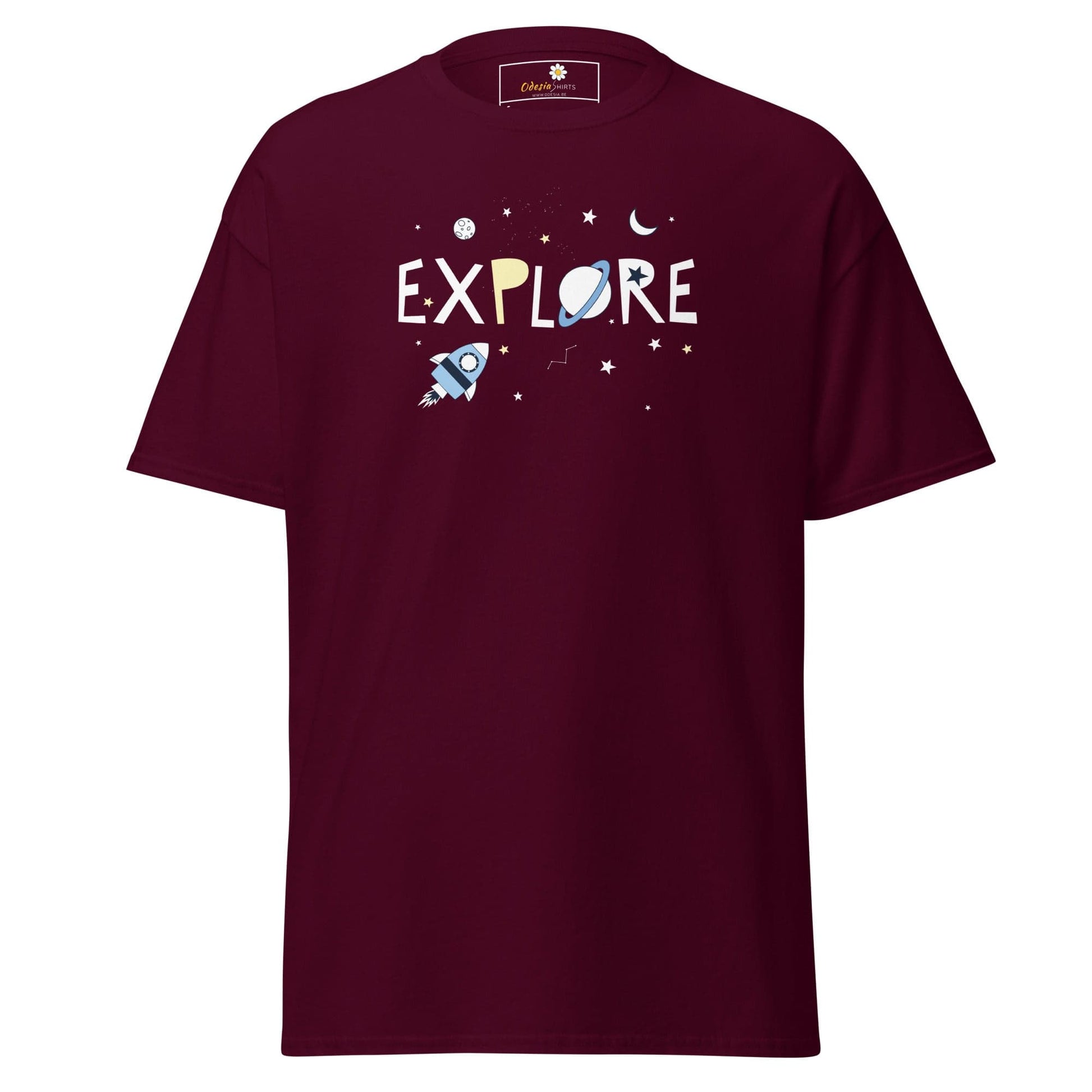 Maroon T-shirt with space-themed graphic from T-SHIRT DESIGN TEE for Men and Women