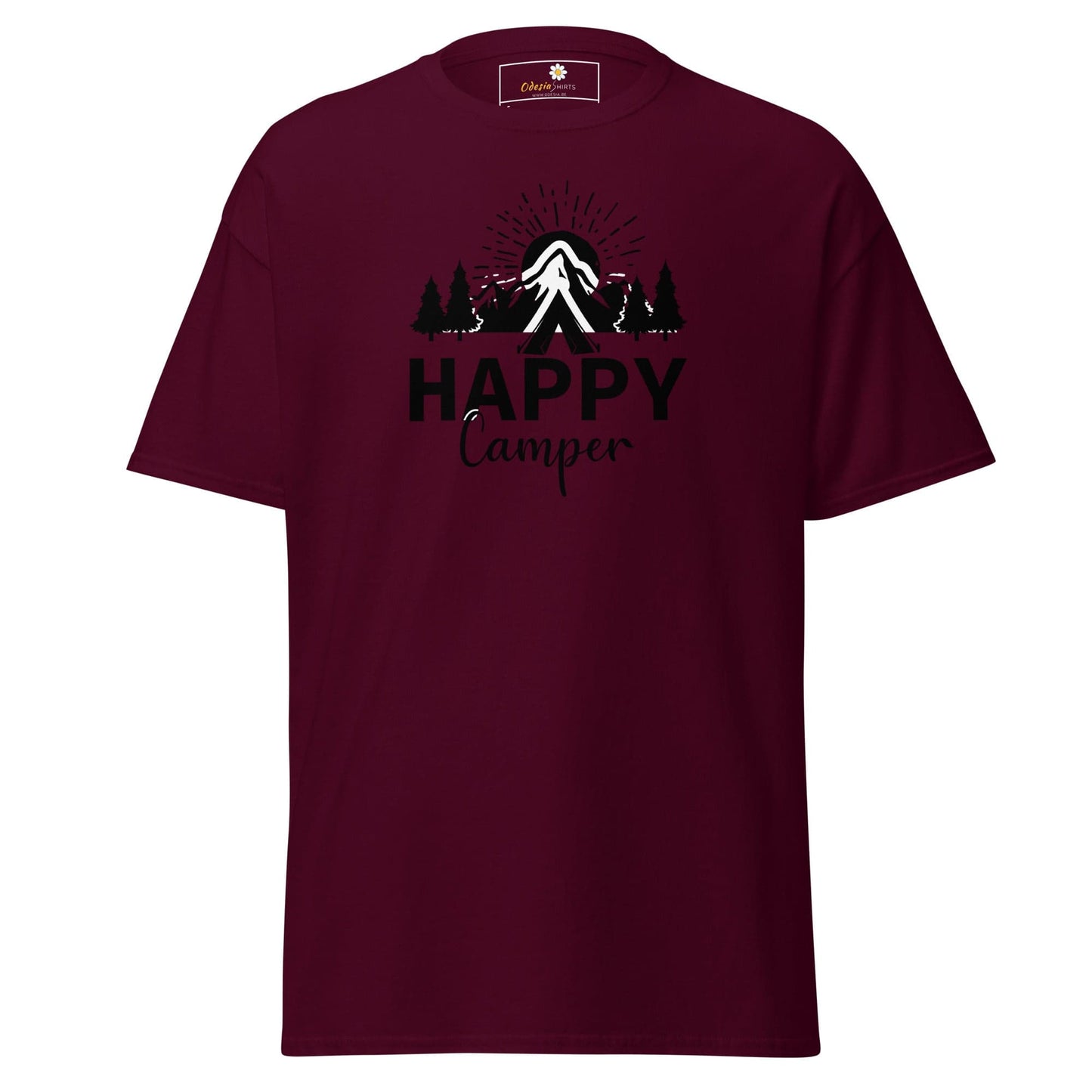 Maroon T-shirt with camping graphic for men and women available in size S to XL